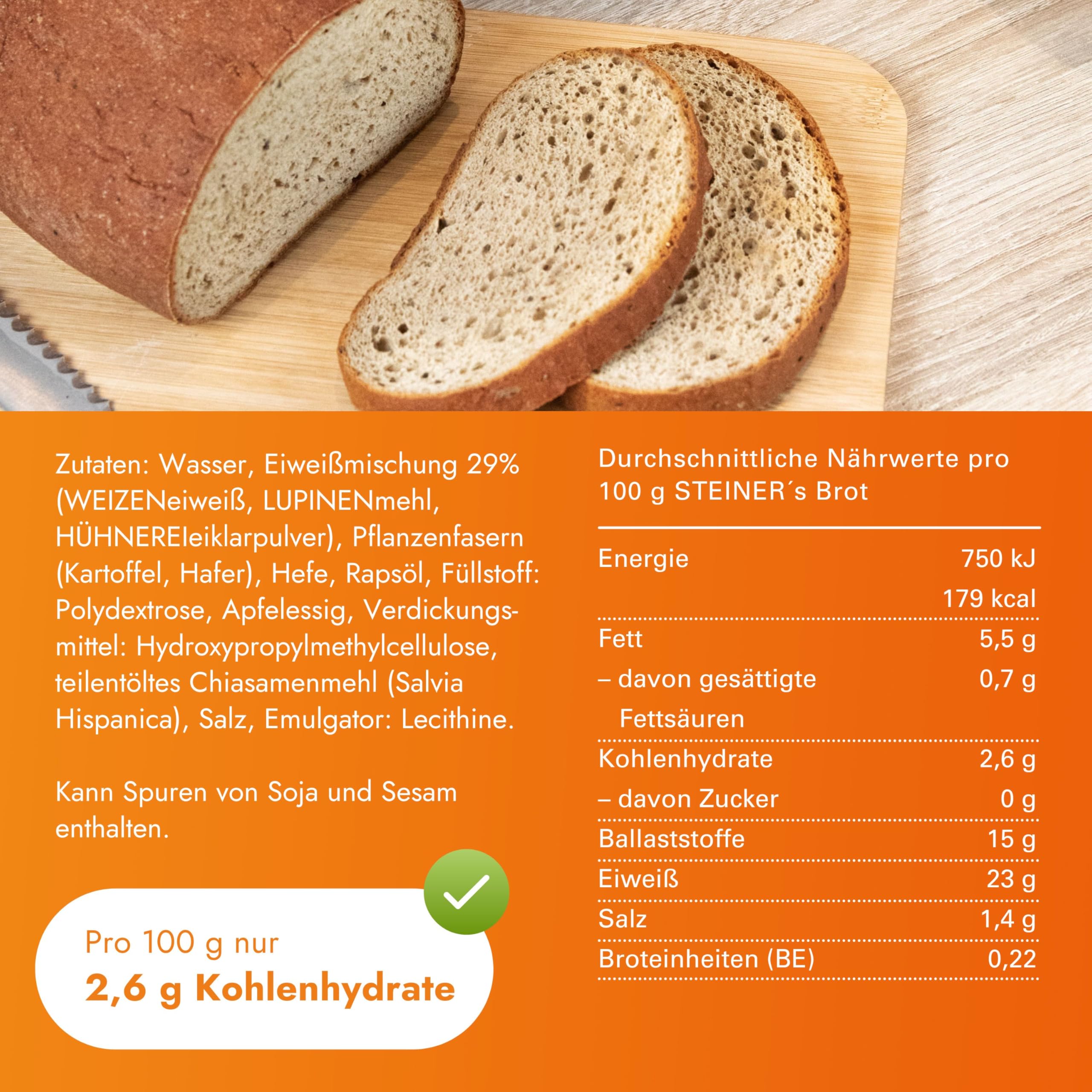 STEINER's Low Carb High Protein Brot Laib - 4er Pack (4x350g) - 94% weniger Kohlenhydrate, 23g Eiweiß pro 100 g - Im Steinofen gebacken - Für bewusste Ernährung ohne Kompromisse