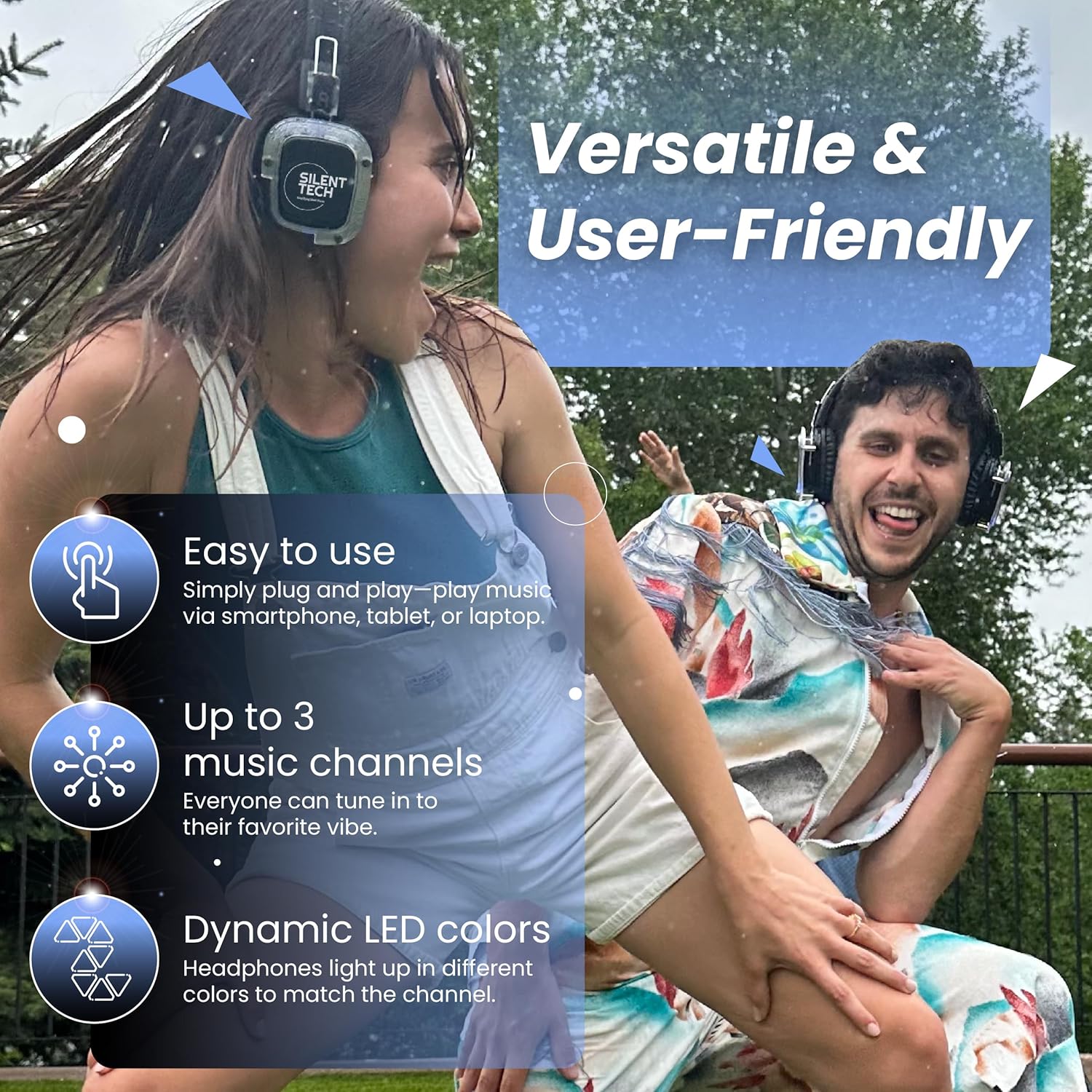 Silent Disco in a Box – 50 LED Wireless Headphones, 3 Channel Transmitters, Plug & Play for Smartphones, Laptops, Tablets, 10 Hour Battery, 500-Yard Range – Silent Disco Headphone System