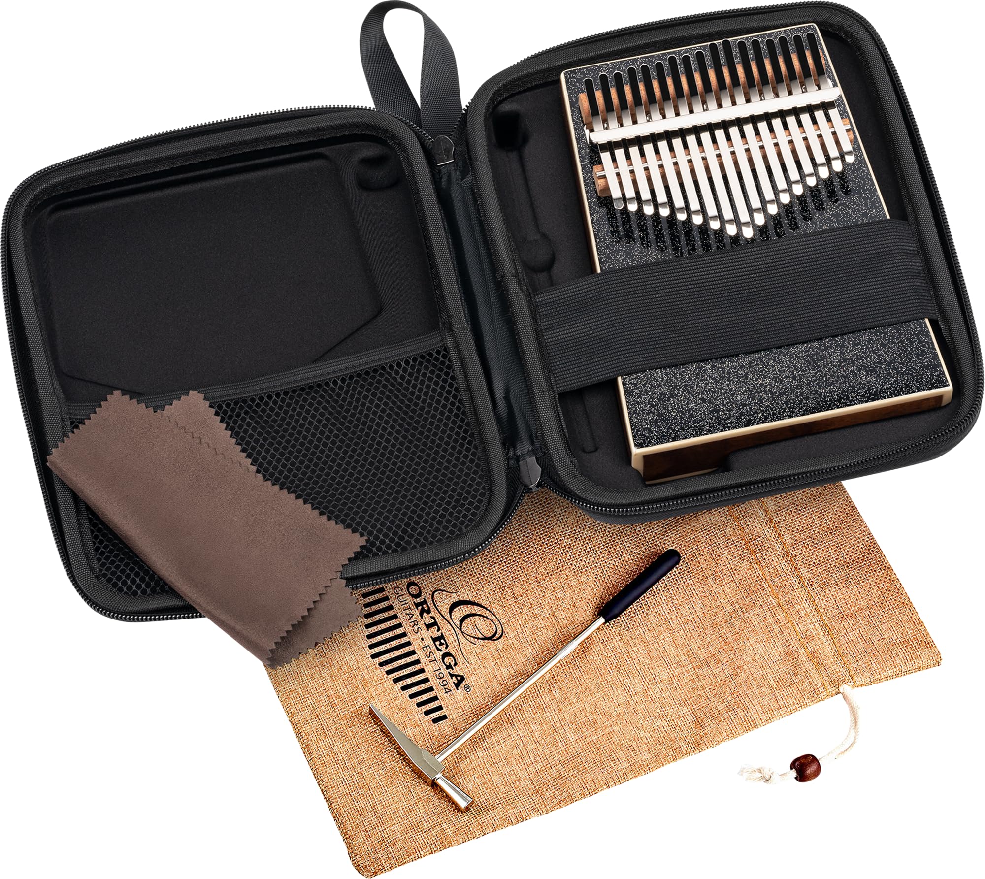 Ortega Guitars Kalimba Do Majeur Acoustique – Percussion Series – Piano à Pouces 17 Lames – Accessoires Inclus – Acacia, Noir avec des paillettes (OKB4-MBK)