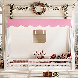 Toddler Floor Bed Frame with Tent and Light, House-Shaped Wood Montessori Bed Twin with Full-Length Guardrails, Low Floor Bed for Kids Bedroom & Playroom (White+Pink, Twin)