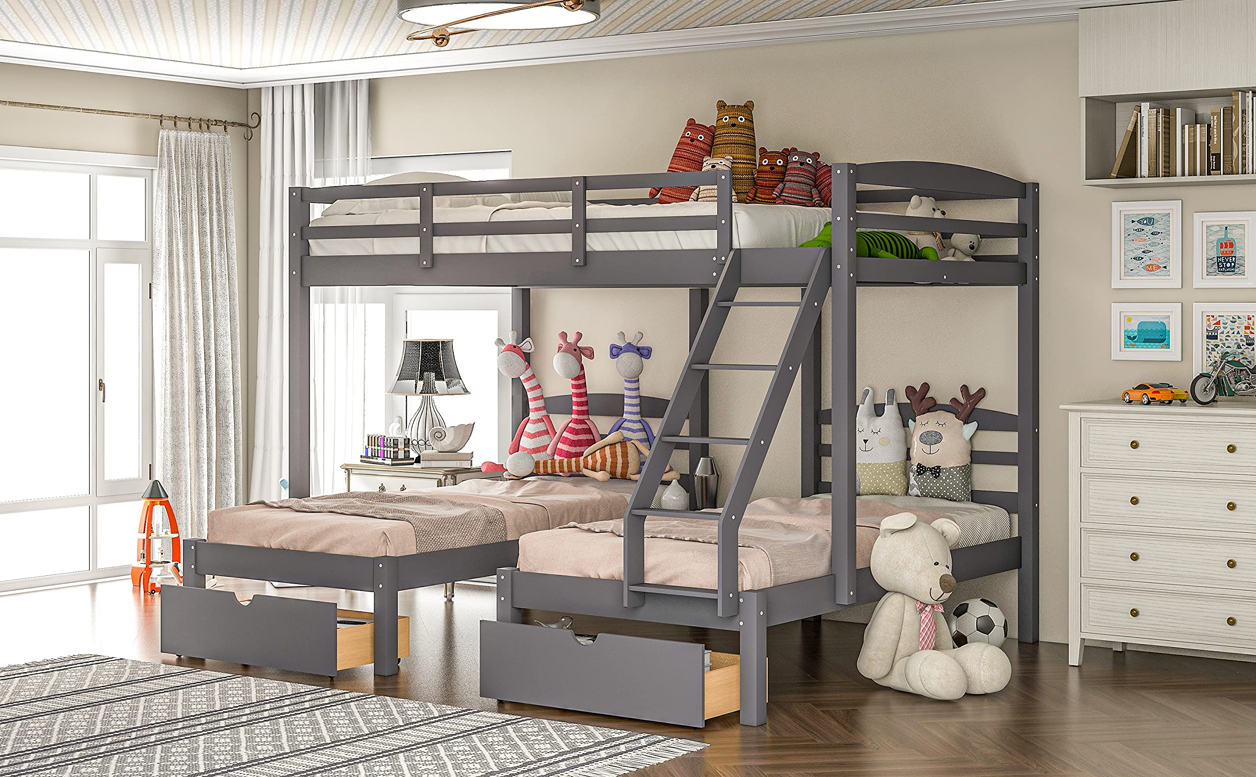 HERI Triple Bunk Bed Full Over 2 Twin Bunk Bed with 3 Drawers and Guardrails (Gray 1)