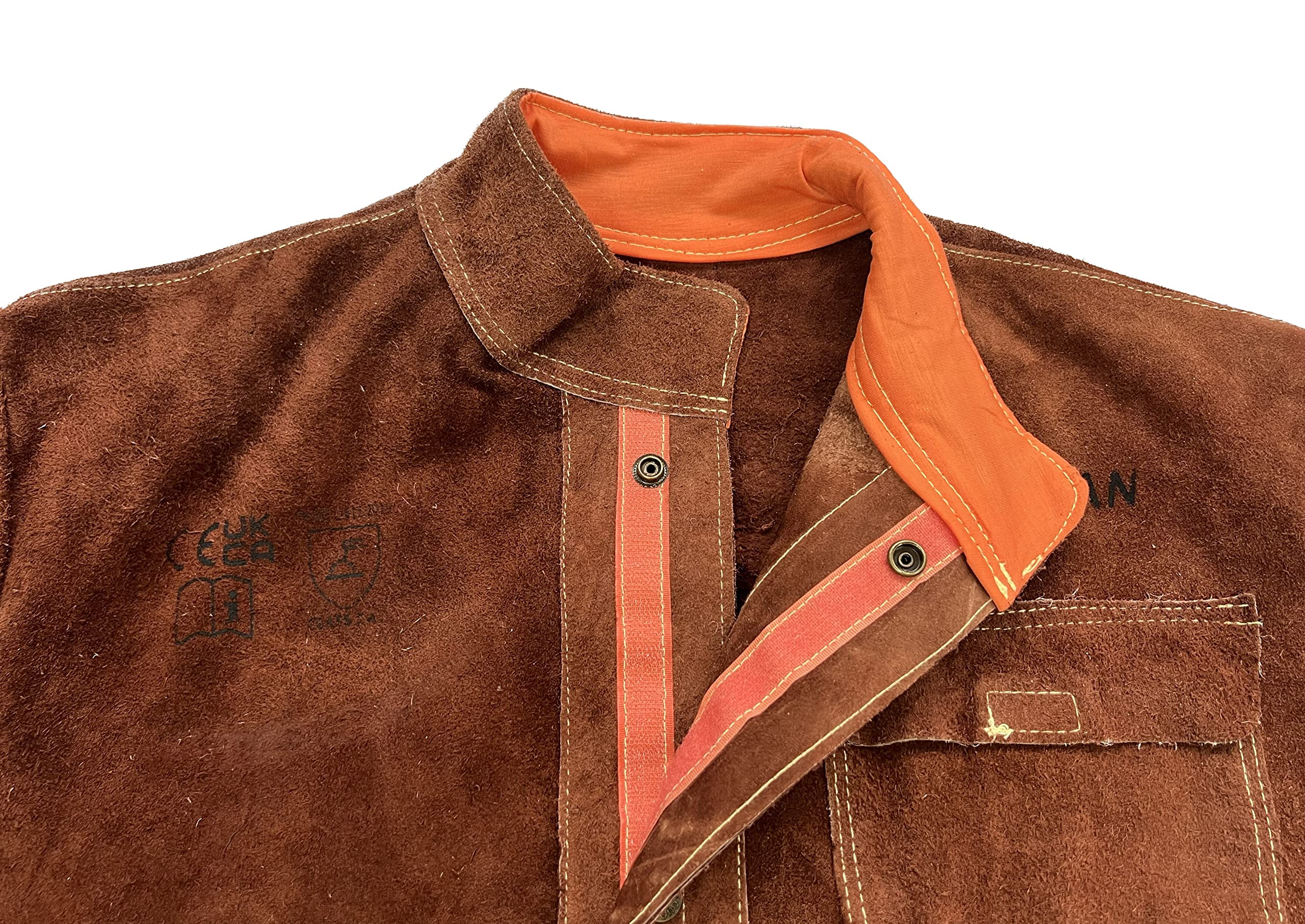 ELCAN Chaqueta de soldadura profesional de cuero marron ignífugo resistente al calor, ropa de trabajo para soldar electrodo, TIG, MIG, MAG, barbacoas, jardinería, chimeneas, hornos… (Talla XL)