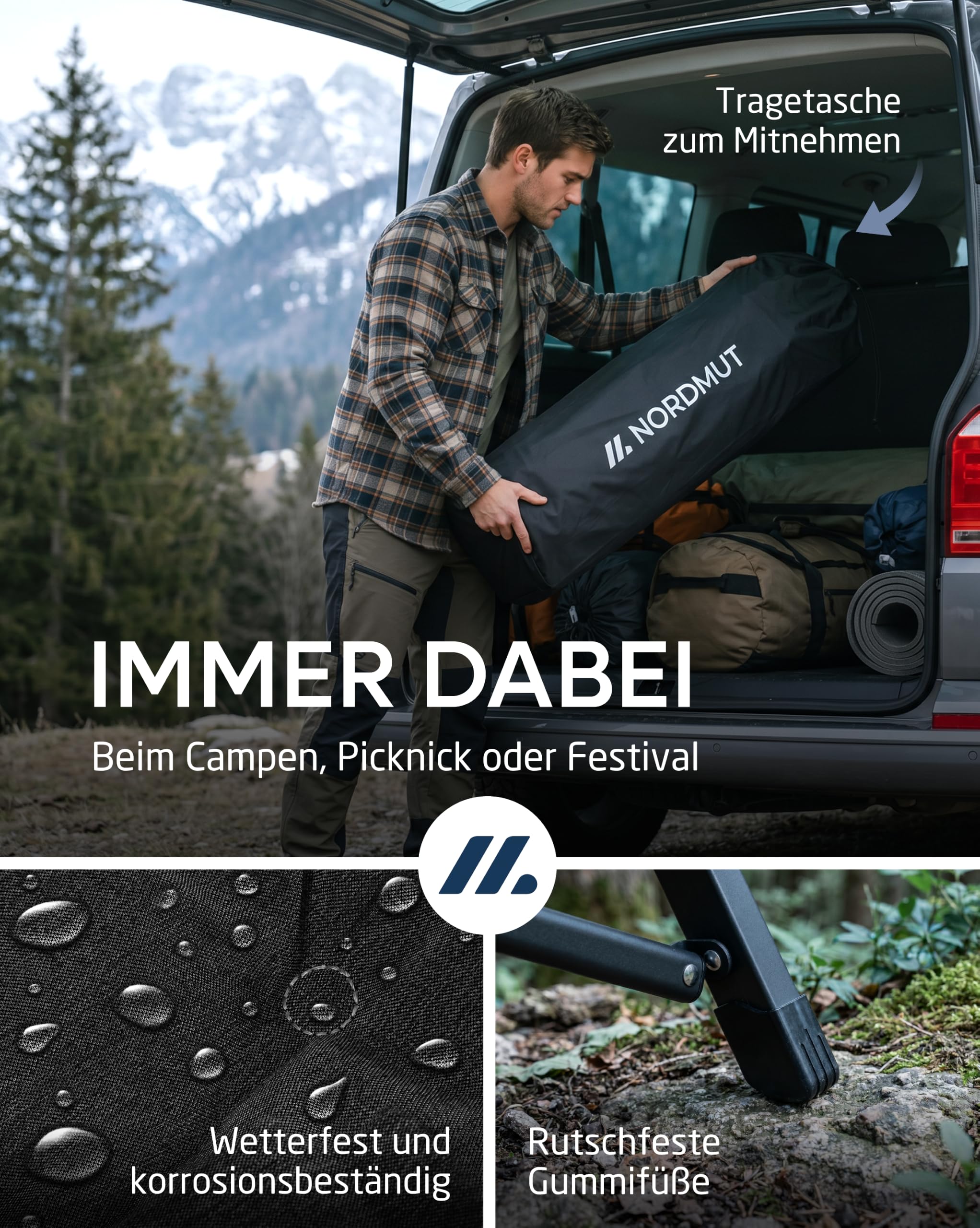 NORDMUT® Premium Campingstuhl faltbar mit hoher Lehne – Stabiler Klappstuhl Camping verstellbar in 4 Positionen – bequemer Gartenstuhl mit 140 kg Belastung für Camping & Outdoor