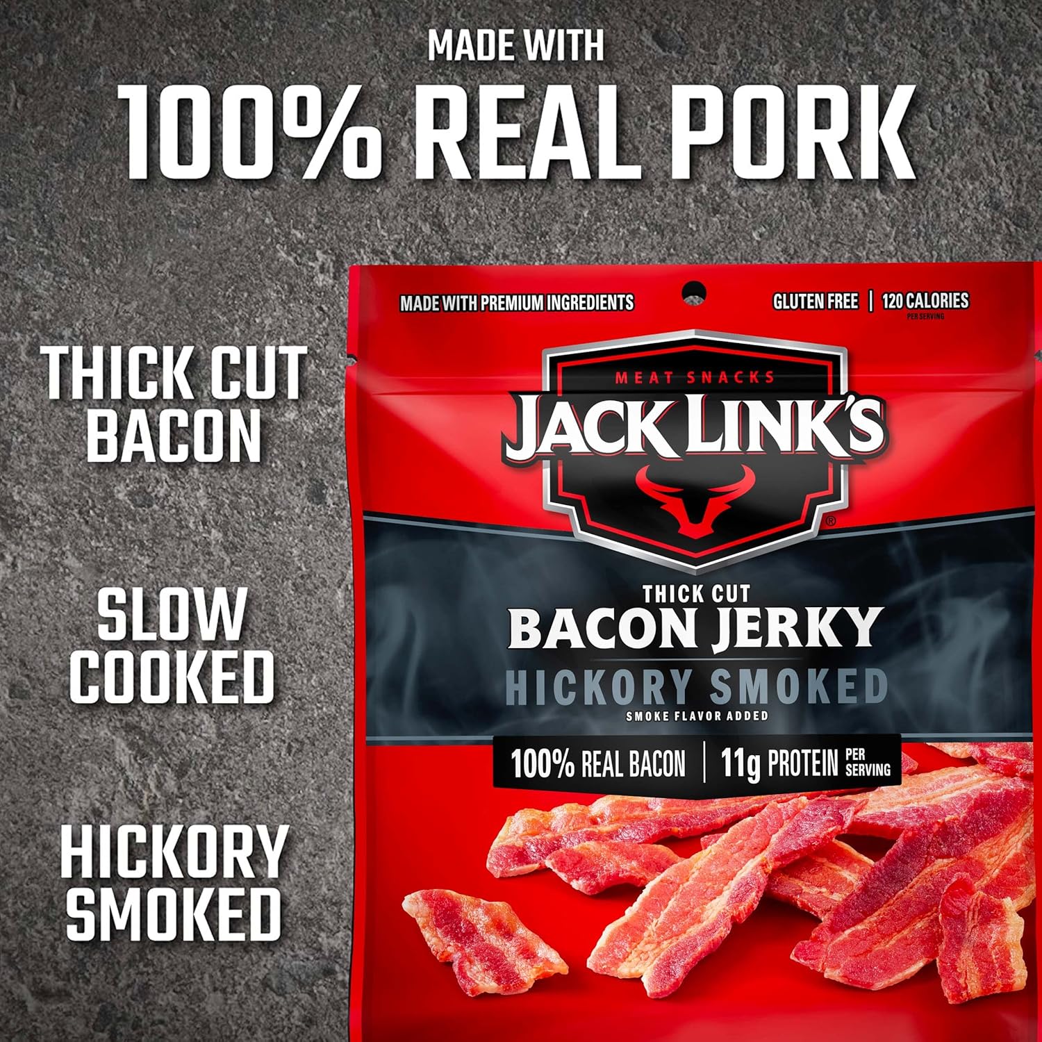 Jack Links Bacon Jerky, Hickory Smoked, 2.5 oz. Bag - Flavorful Ready to Eat Meat Snack with 11g of Protein, Made with 100% Thick Cut, Real Bacon - Trans Fat Free (Packaging May Vary)