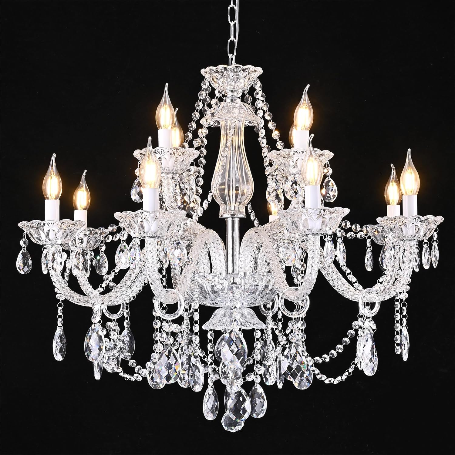 12-Light Contemporary Crystal Chandelier for Living Room, Double Layer Ceiling Light Fixture with Clear Crystals for Dining Room Hallway Staircase, E12 Base (Clear 12)