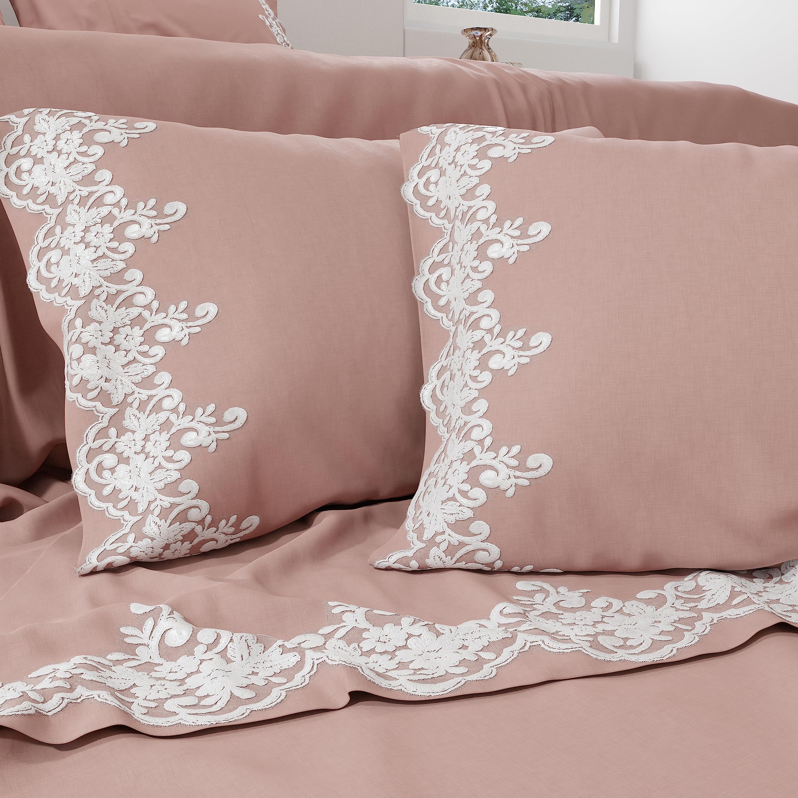 PETTI Artigiani Italiani - Set Lenzuola Matrimoniali Percalle Cotone con Pizzo Macramè Cipria, Completo Letto 4 Pezzi, 100% Made in Italy