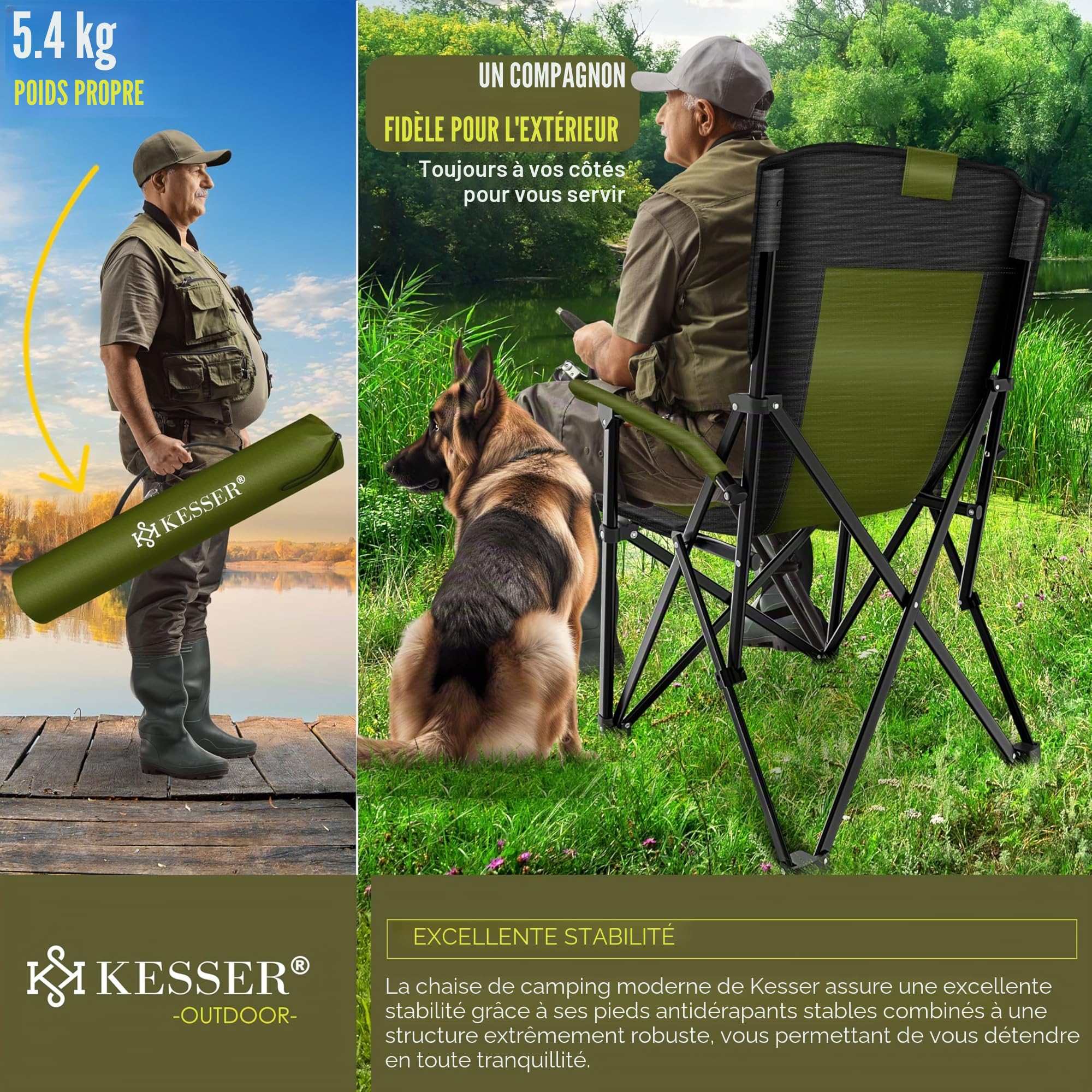 KESSER® Chaise de camping pliable jusqu'à 160 kg, Chaise de pêche pliante rembourrée avec accoudoirs, Lampe de camping et porte-gobelet + sac à dossier haut, Chaise de plage avec support de pêche
