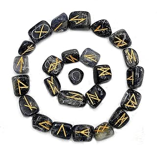 Amazing Gemstone Runes Stone Set with Velvet Pouch and Instruction EBook ~ Elder Futhark Runes Engraved Pagan Viking Symbols for Reiki Healing, Crystal Grid & Energy Balancing (Iolite)