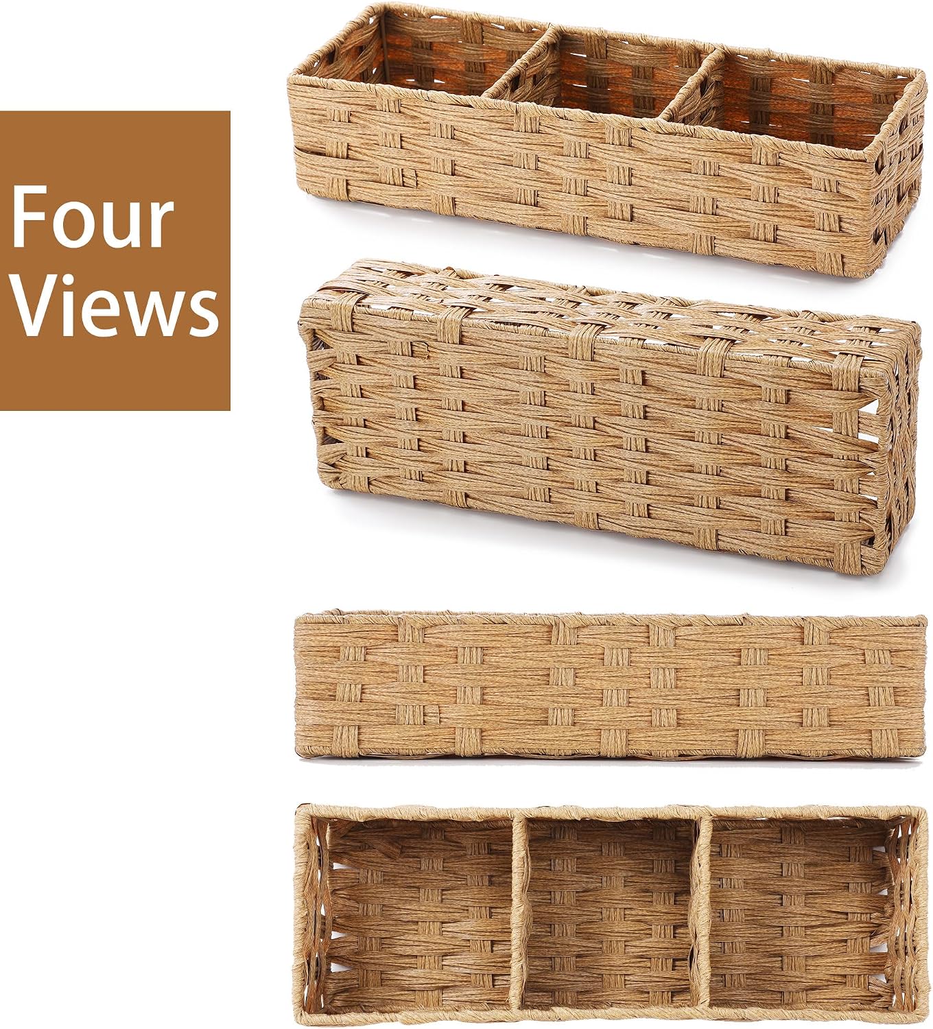 Toilet Tank Topper Paper Basket Multiuse Hand Woven Plastic Wicker Basket Bins with Divider for Shelves Rustic Farmhouse Bathroom Decor Countertop Organizer Storage (Yellow-big 3 boxes)