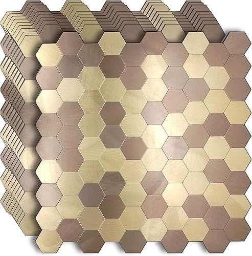 YMMXGE Azulejo de pared hexagonal 3D para cocina, baño, sala de estar, adhesivo autoadhesivo de aluminio de 11.4 x 11 x 0.15 pulgadas (10, dorado +
