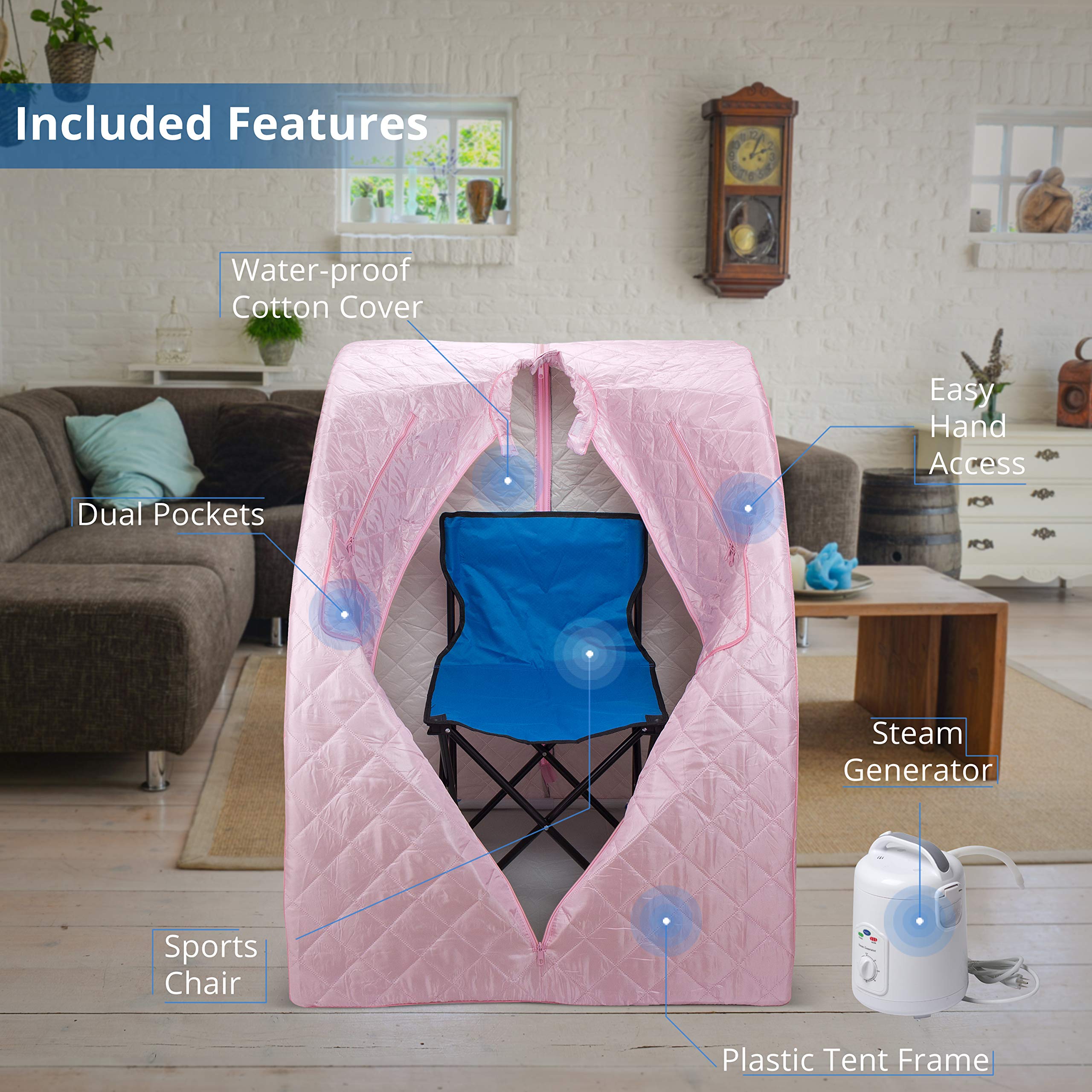 Durasage SPA de Sauna de Vapor portátil de Gran tamaño para Bajar de Peso, desintoxicación, relajación en el hogar, Temporizador de 60 Minutos, Vapor de 800 vatios, 1,5 años de garantía (Rosa Claro)