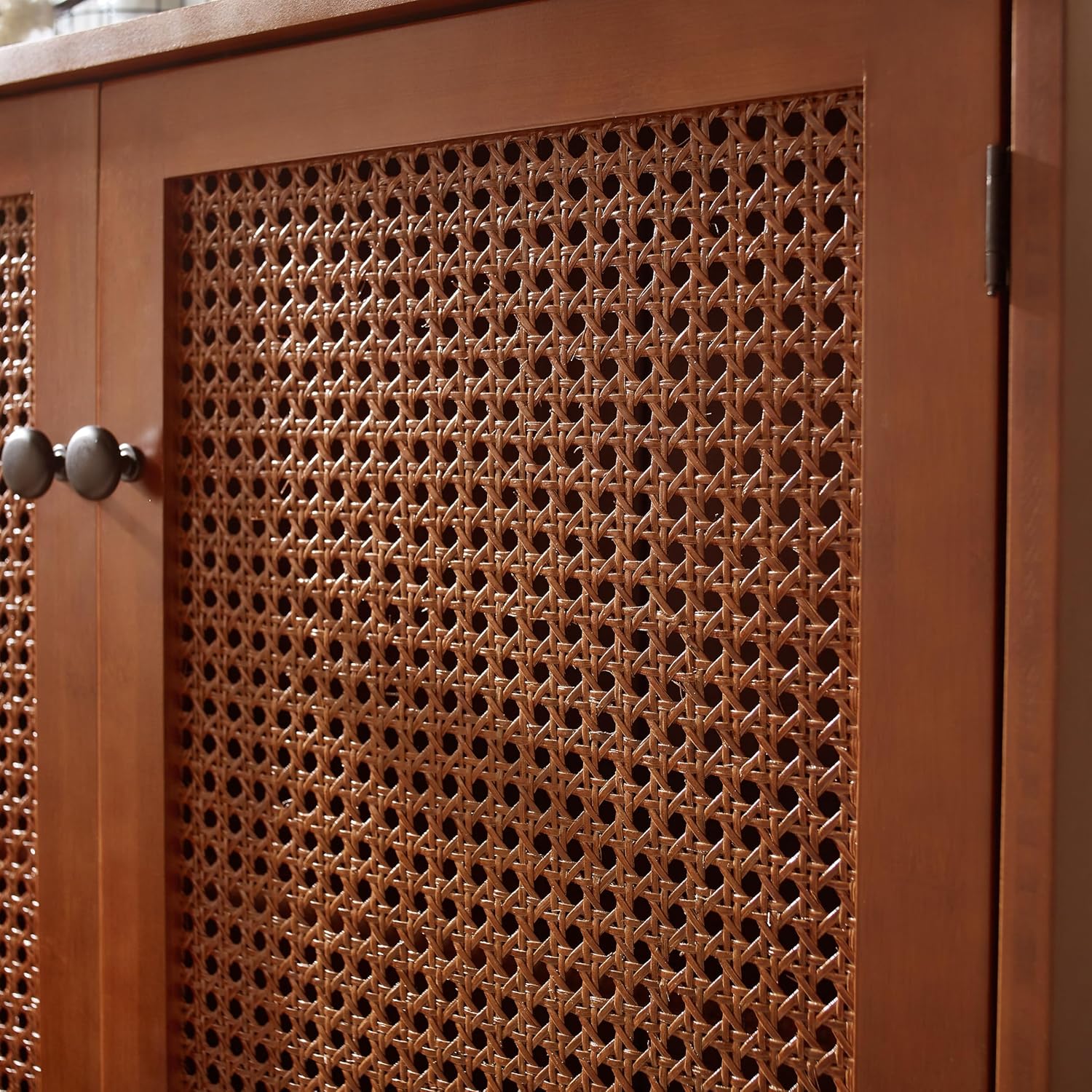 Volans Accent Storage Cabinet with Woven Rattan Wicker Doors, Sideboard Buffet Cabinet for Entryway, Hallway or Living Room, Mahogany Veneer