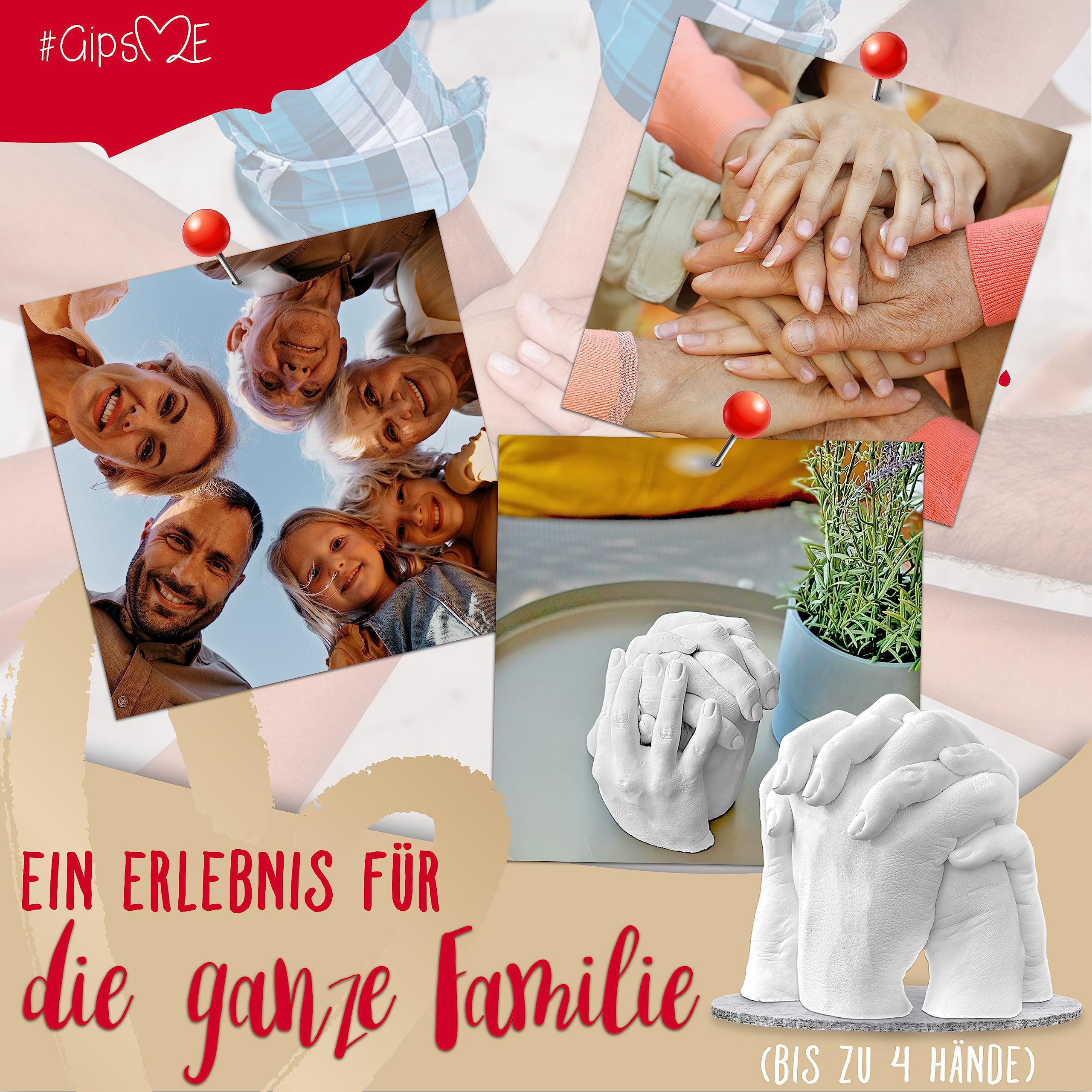 XXL 3D Handabdruck Set Familie Gipsabdruck für 4 Hände + Sockel Made in Germany - Premium Familien Gipsabdruck-Set - Personalisierte Geschenke - Handabdruckset + Video