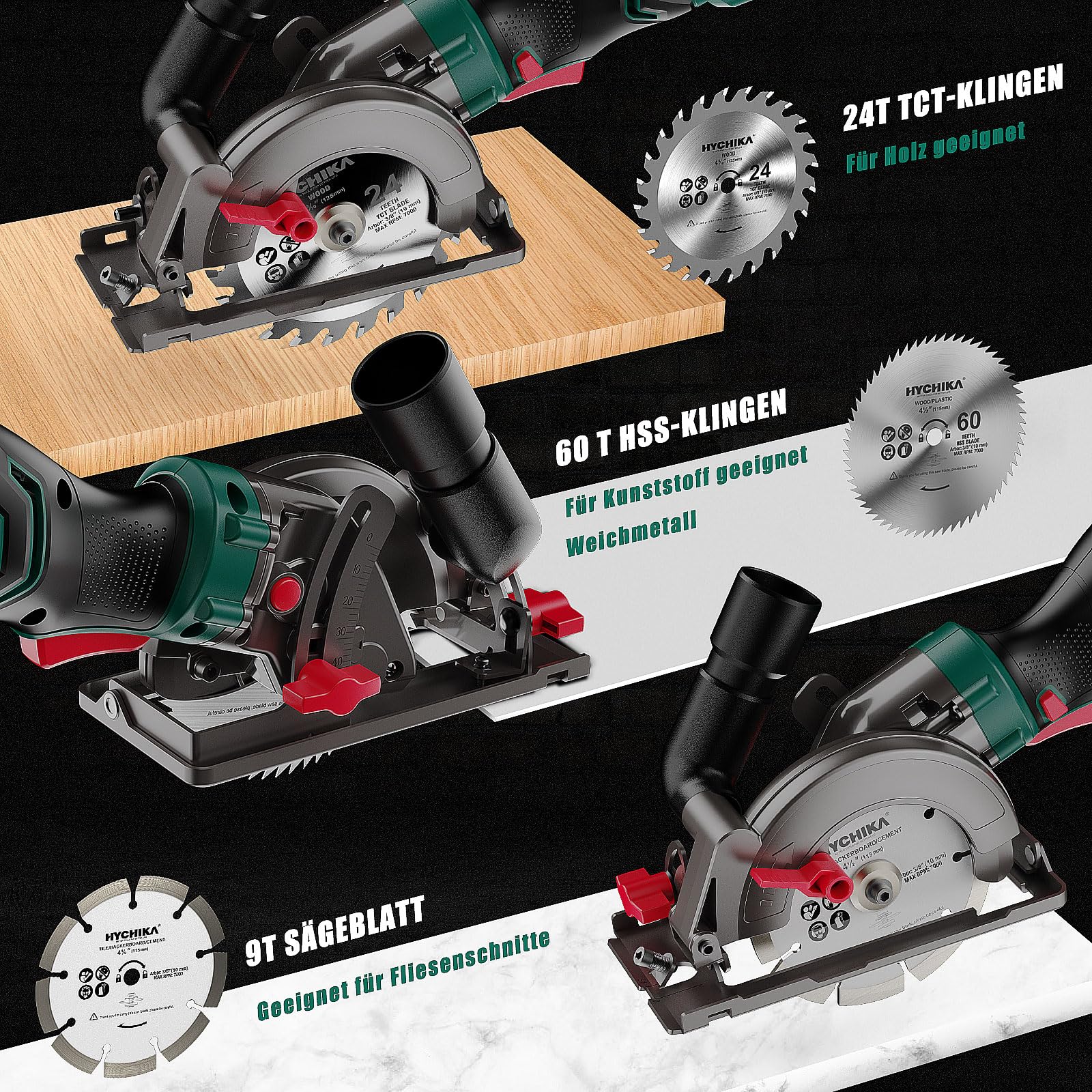 HYCHIKA Mini Kreissäge 750W 3500U/min, Handkreissäge Kompakt mit 3 Sägeblättern (24T/60T/9T) für Holz, Metall & Fliesen, Schnitttiefe bis 48mm, 45°/90° Gehrungsschnitt, Heimwerken