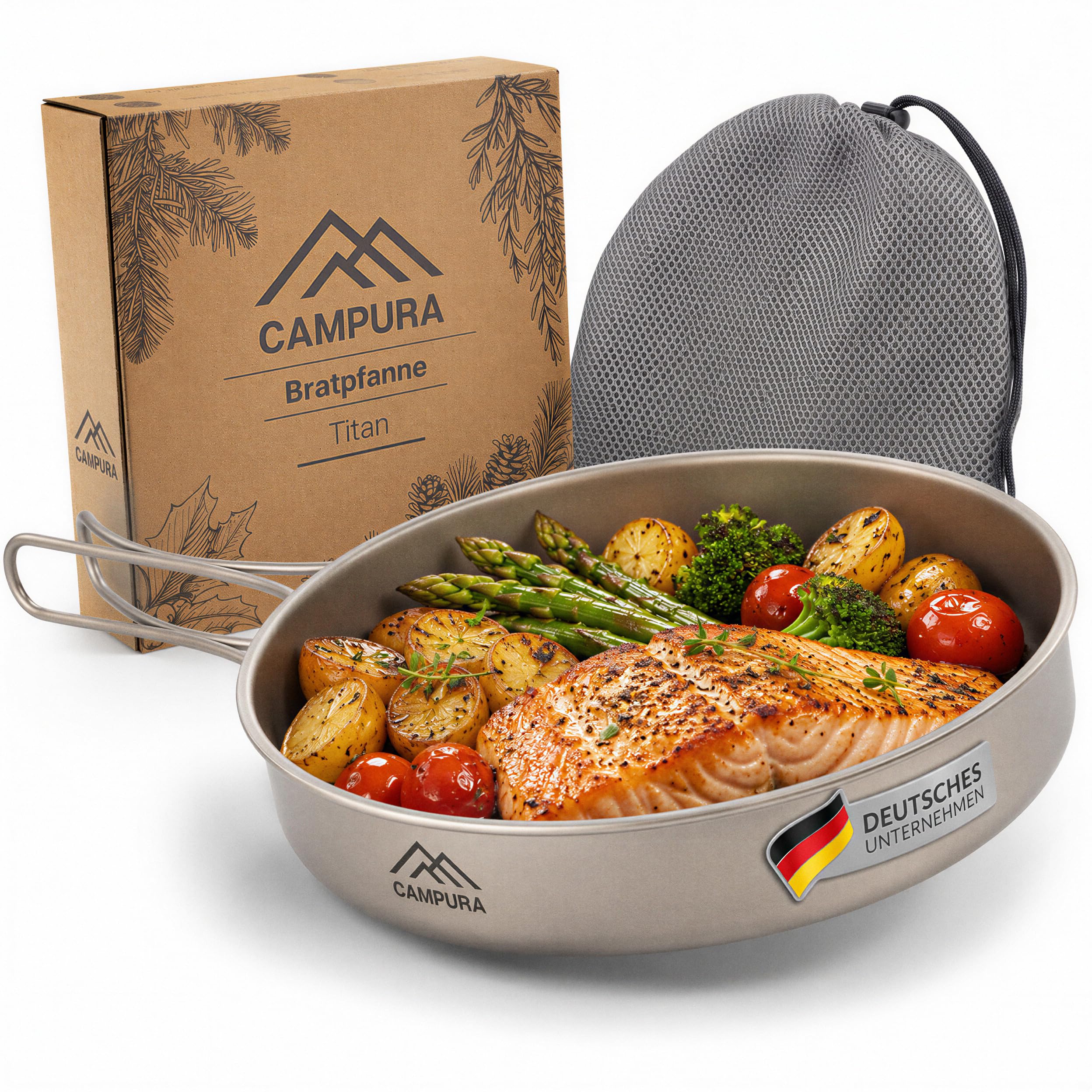 Titan Bratpfanne 20cm mit Klappgriff und Transportbeutel - 175g Ultraleichtes Campingkochgeschirr aus Titan für Outdoor, Trekking und Bushcraft - Kompakte Pfanne für Outdoor