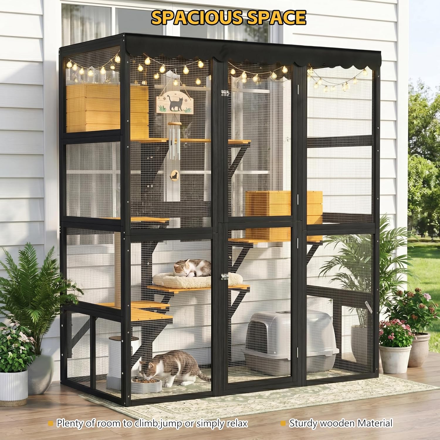 Large Outdoor Wooden Cat Catio Enclosure with Window Connection.Cat House – 2 Condos, 5 Platforms, 4 Doors, Weatherproof Roof & Strong Mesh for Multiple Cats (Walk-in Design)