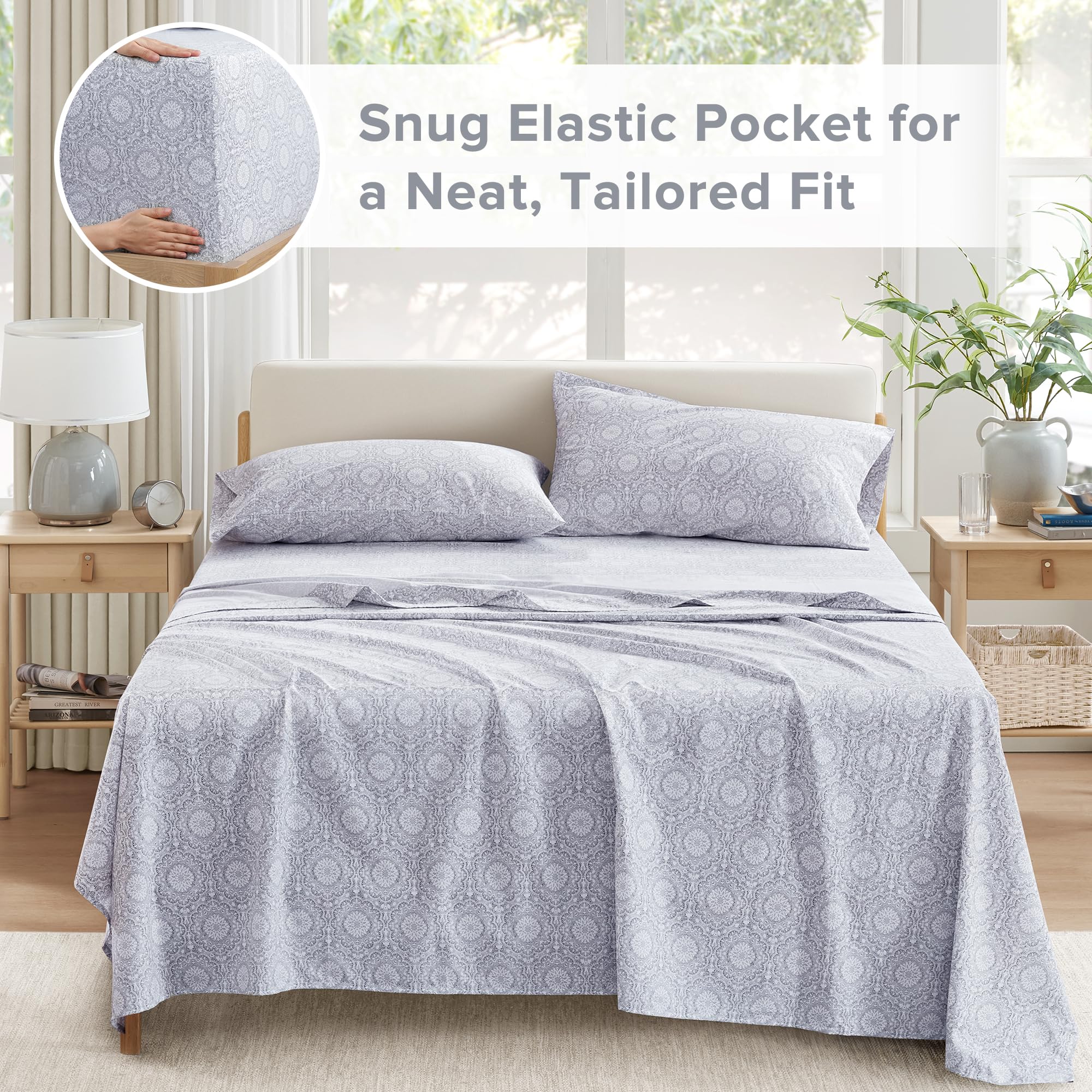 Comfort Spaces Komplet pościeli, 100% bawełna, oddychający, lekki, miękki, z elastyczną kieszenią 35 cm, do materacy o grubości do 40 cm, pościel całoroczna, poszewka, 4 el., Full Adelia, szary