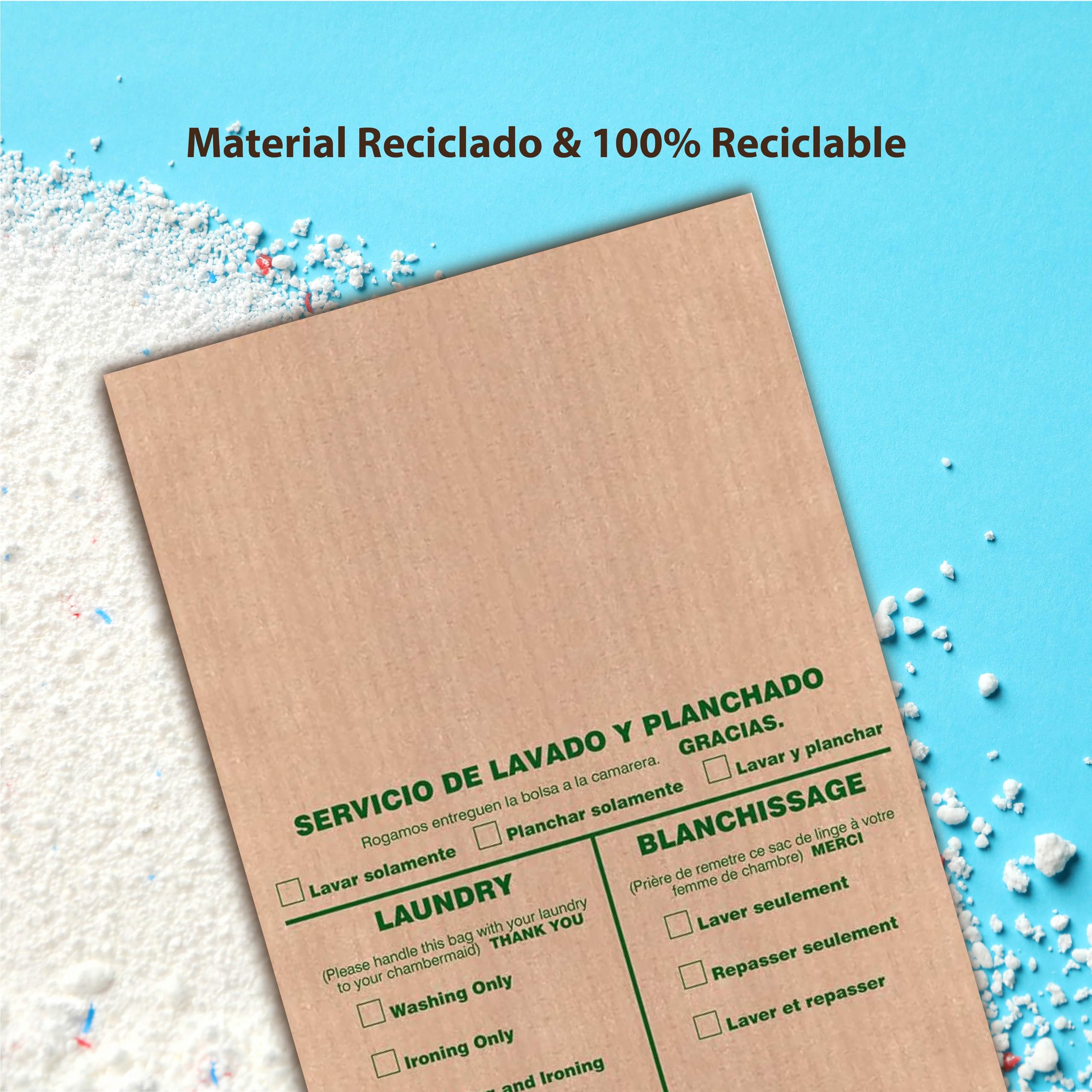 250 Bolsas de lavandería Eco desechables| Bolsa biodegradable y de material reciclado | Servicio lavado y planchado para hoteles| 100% Ecofriendly | Varios idiomas