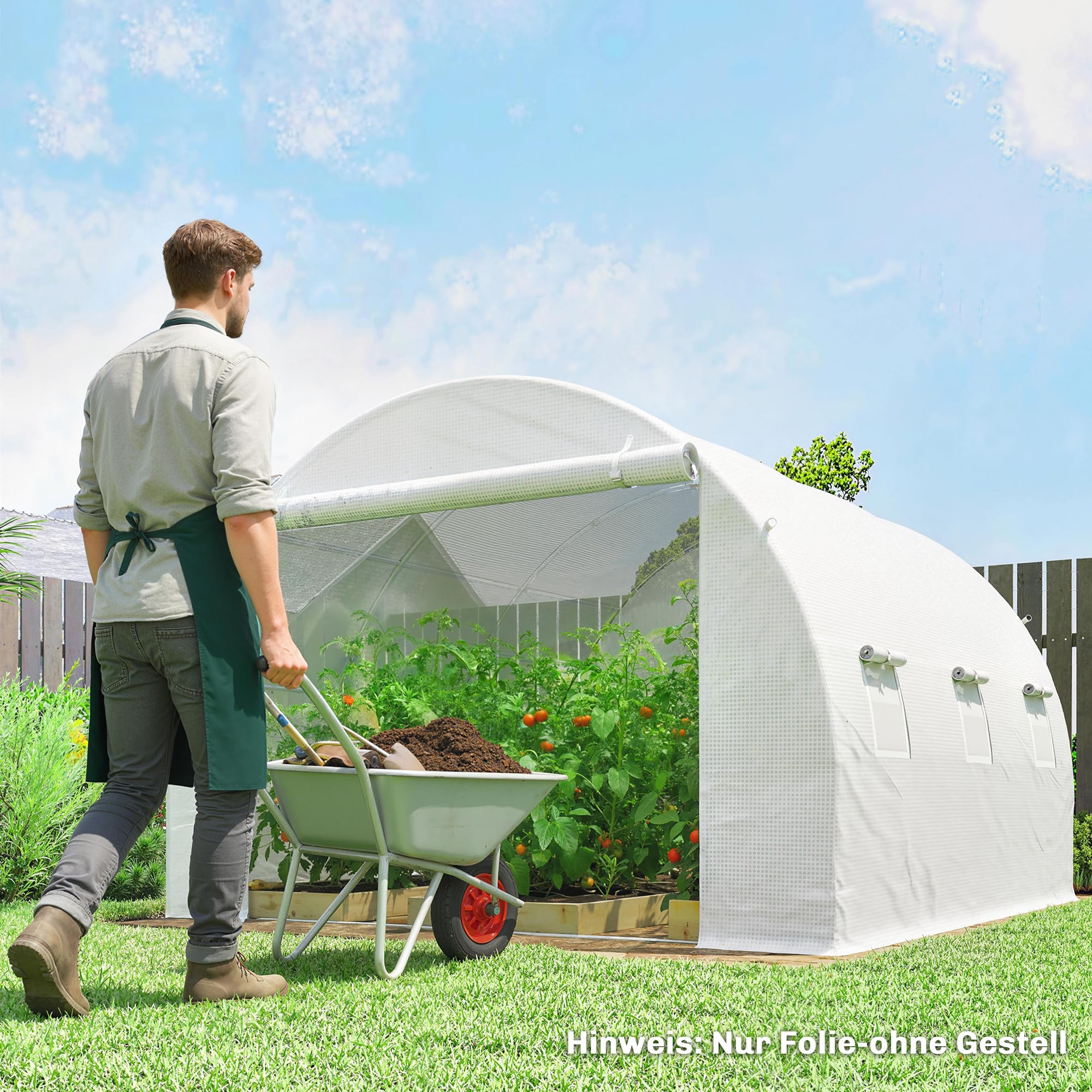 Outsunny Film de serre 3 x 3 m en polyéthylène imperméable avec porte enroulable, 6 fenêtres, protection UV, indéchirable, bâche de protection pour tunnel de jardinage, film tunnel pour extérieur