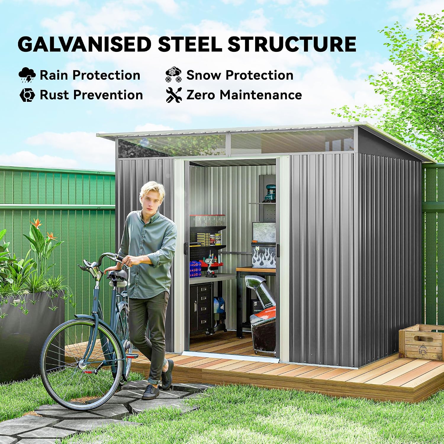 A person standing next to the Outsunny galvanized steel shed with a bicycle, highlighting its robust construction.