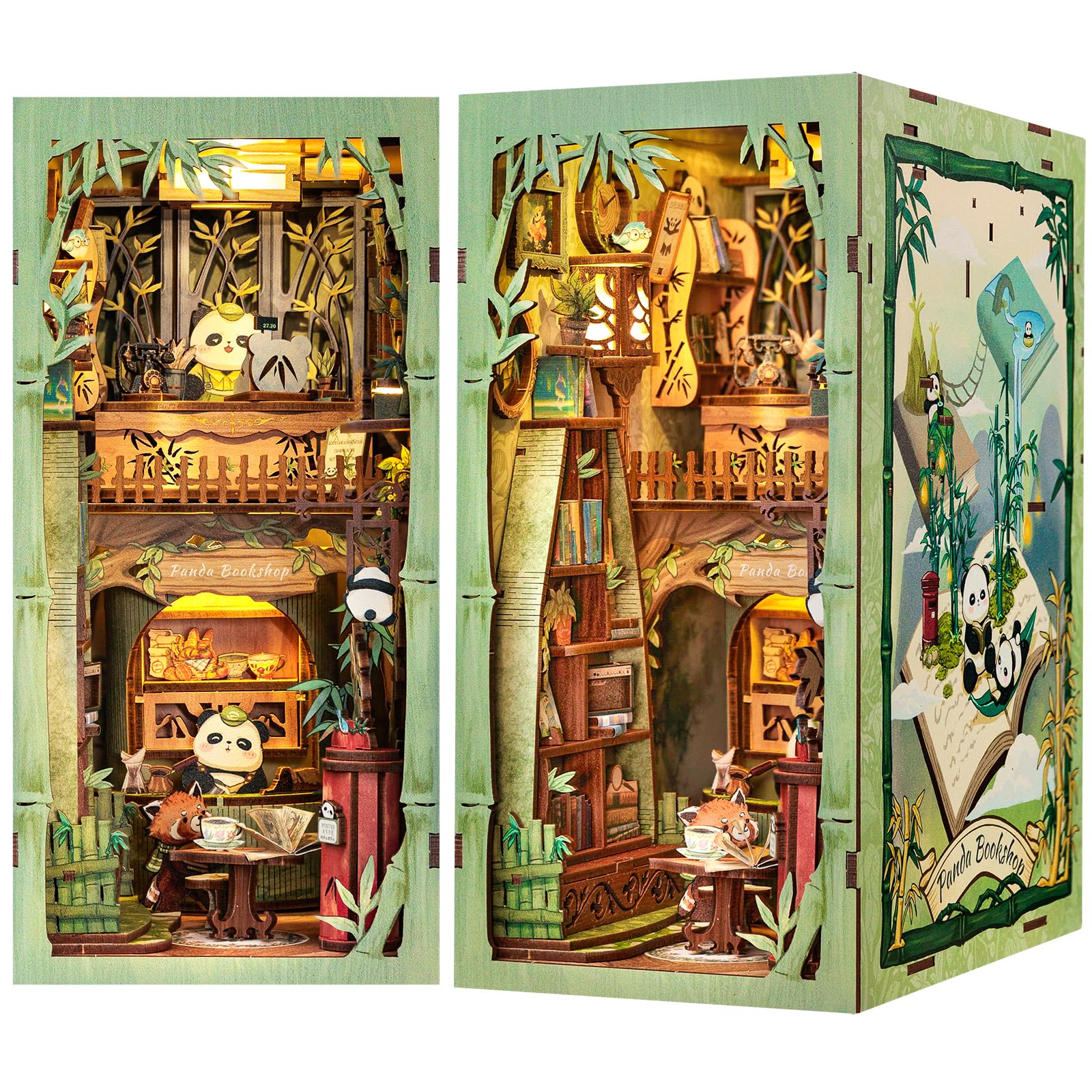 Cutefun Book Nook - Kit per la casa delle bambole in legno, fai da te, in miniatura, per la casa delle bambole, per la libreria, per le case, con luci a LED, per la libreria, per panda Bookshop(DY02)