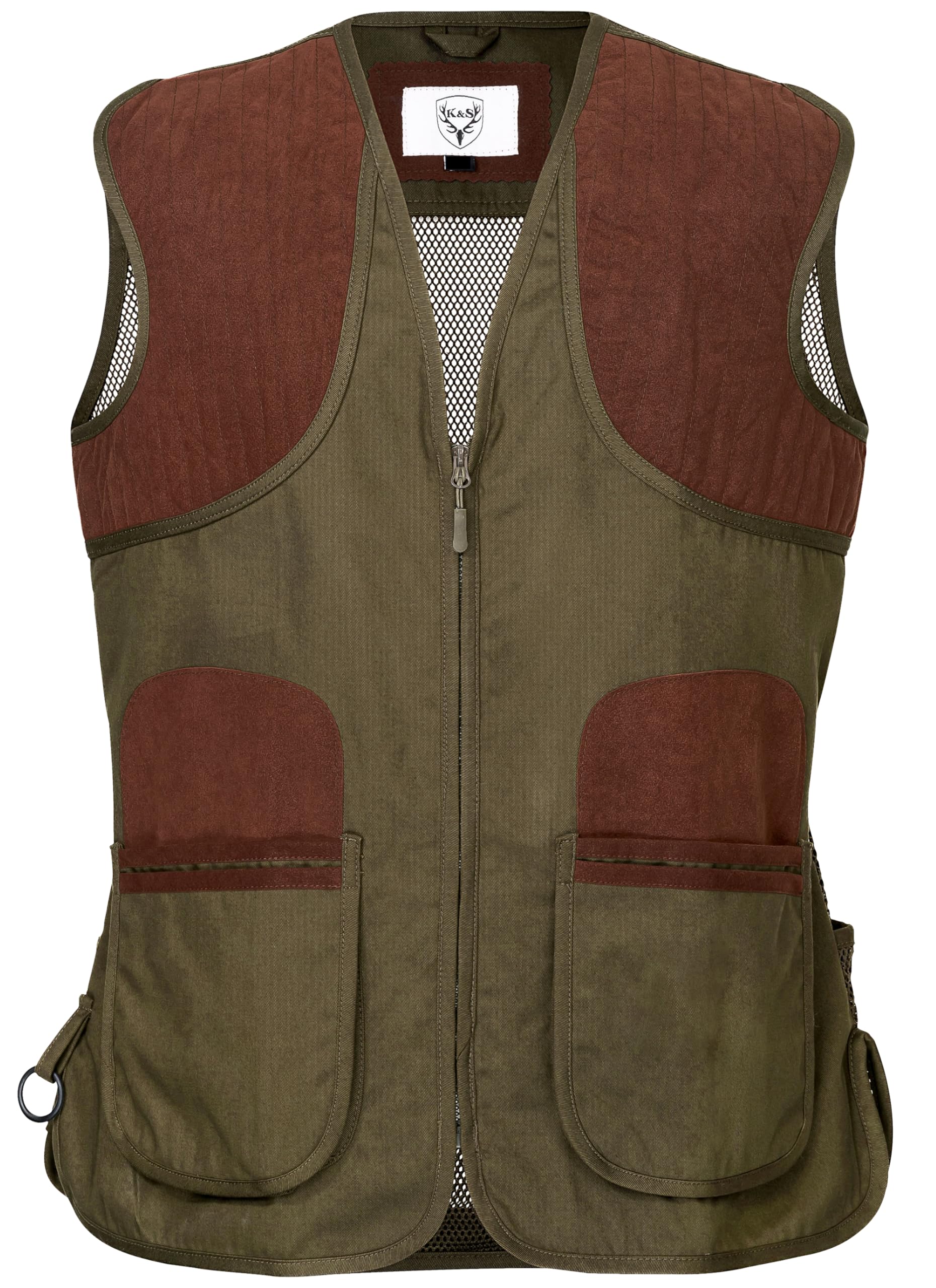 Schießweste Herren Classic Trap Skeet Jagdweste – Atmungsaktive Baumwolle mit Mesh Rücken, rutschfeste Schulterbesätze, große Fronttaschen & Rückentasche – Tontaubenschießen Schießstand Weste Grün