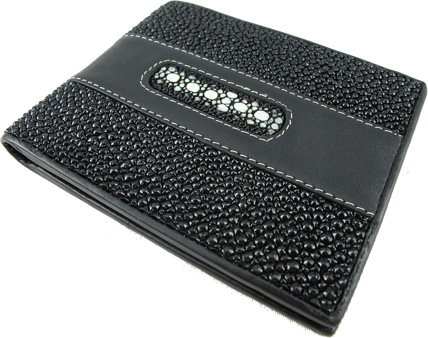 Genuine Row Diamond Stingray Skin Leather Soft Bifold Wallet (Black)