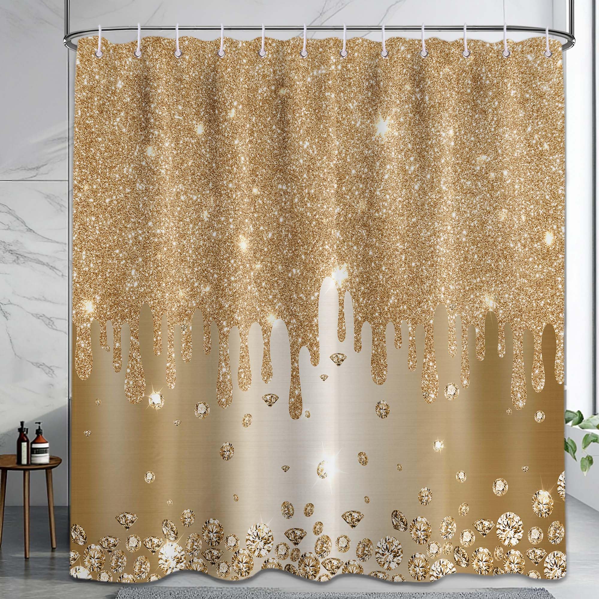 Yieldeer Gold Shower Curtain Sparkle Shimmer Bling Sparkly Bathroom Decor Shiny Bath Curtain, (No Glitter), Waterproof Cloth Fabric with Hooks, 72x72