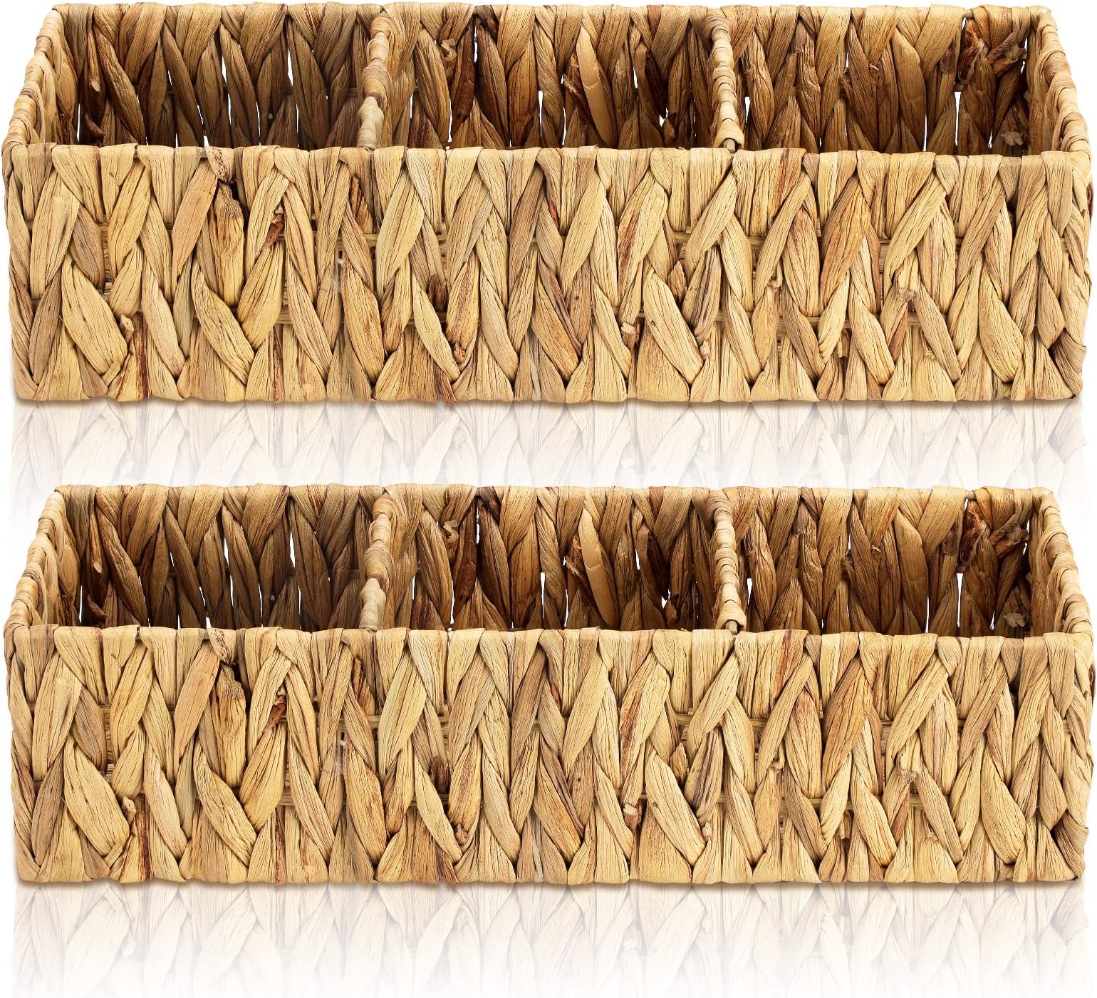 2 Pack 3 Section Wicker Storage Baskets Toilet Basket Tank Topper Natural Handmade Woven Storage Basket Rectangular Toilet Paper Organizer Basket with Dividers for Bathroom (Vertical Texture)