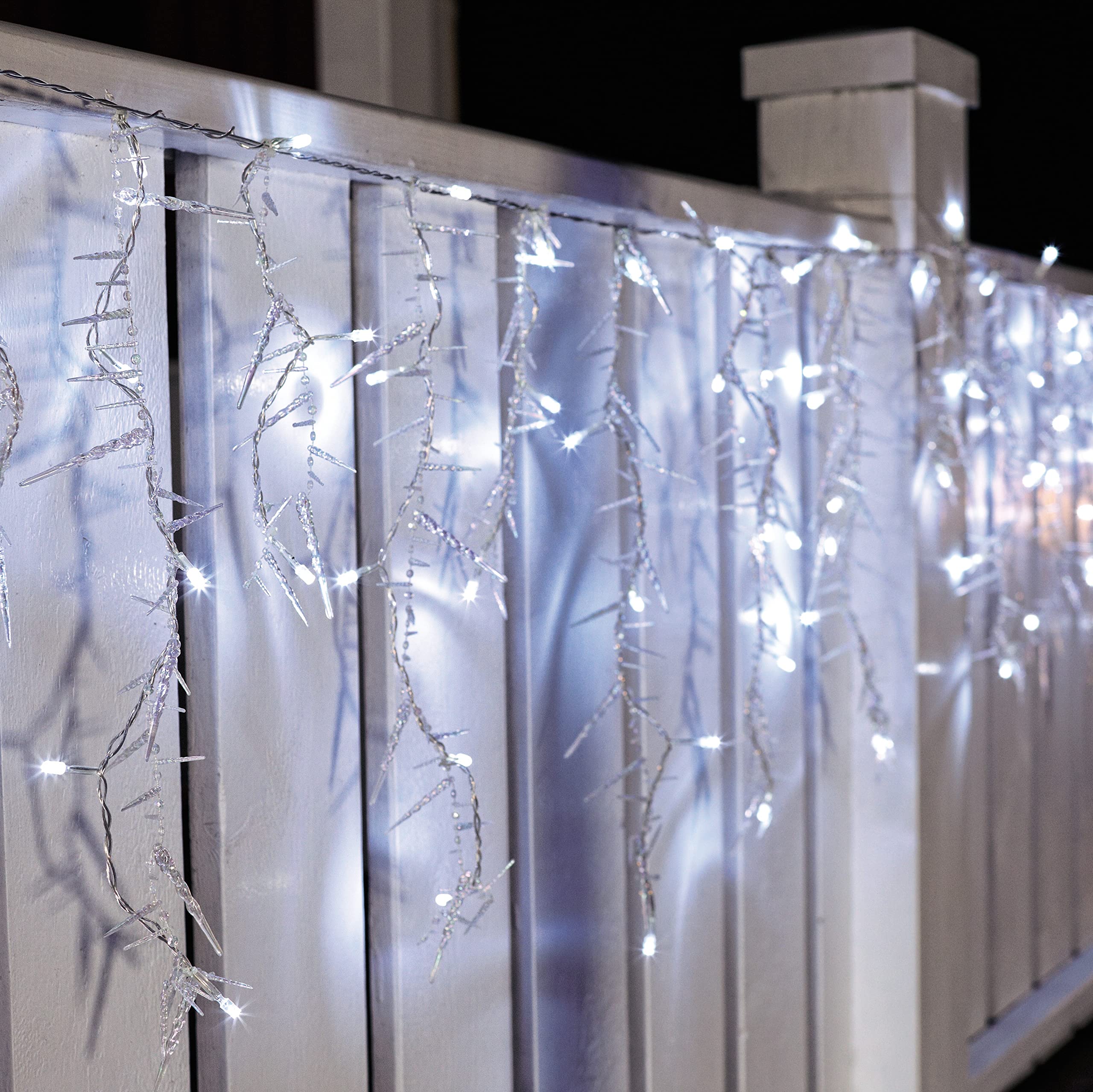 Hellum LED-Lichtvorhang Außen, Eiszapfen, 100 weiße LEDs, 240 cm Lichtlänge, Kabel transparent, Outdoor-Transformator, Winter-Dekoration