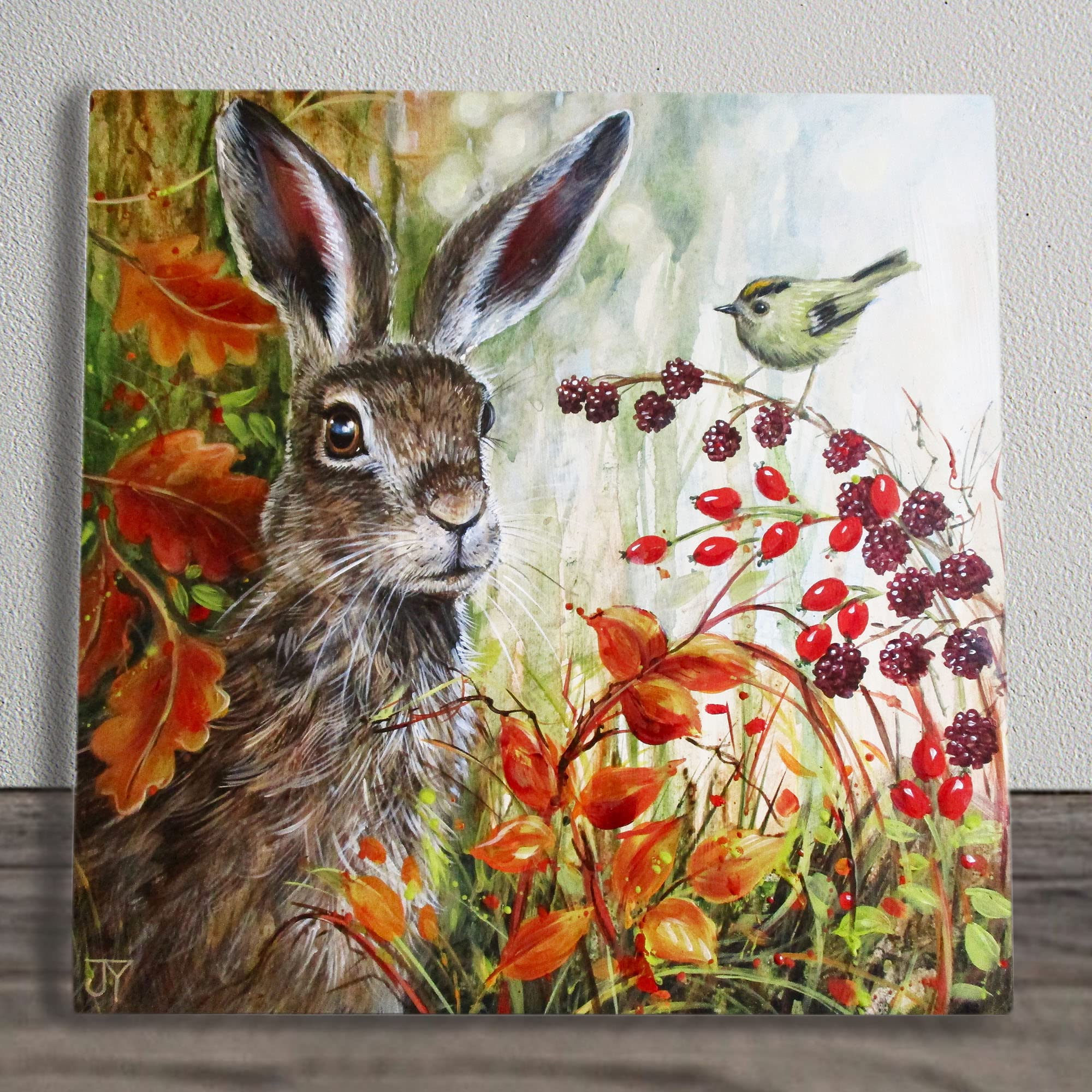 Autumn Berry Hare Ceramic Picture Tile Artwork By Judith Yates Hanging Wall Art Home Decor