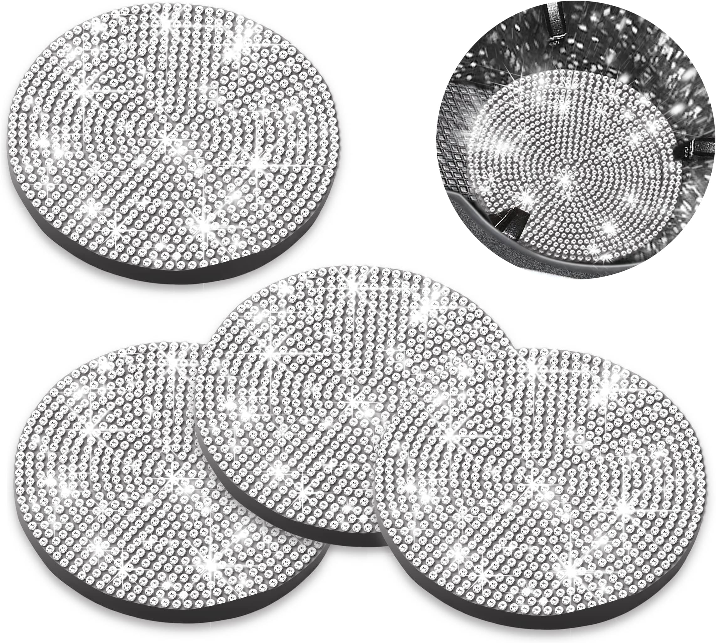 Car Cup Coaster - Bling Rhinestone Car Cup Holder Coasters 4 Pack, Universal Auto Anti Slip Cup Holder Insert Coaster Car Interior Accessories for Women and Men