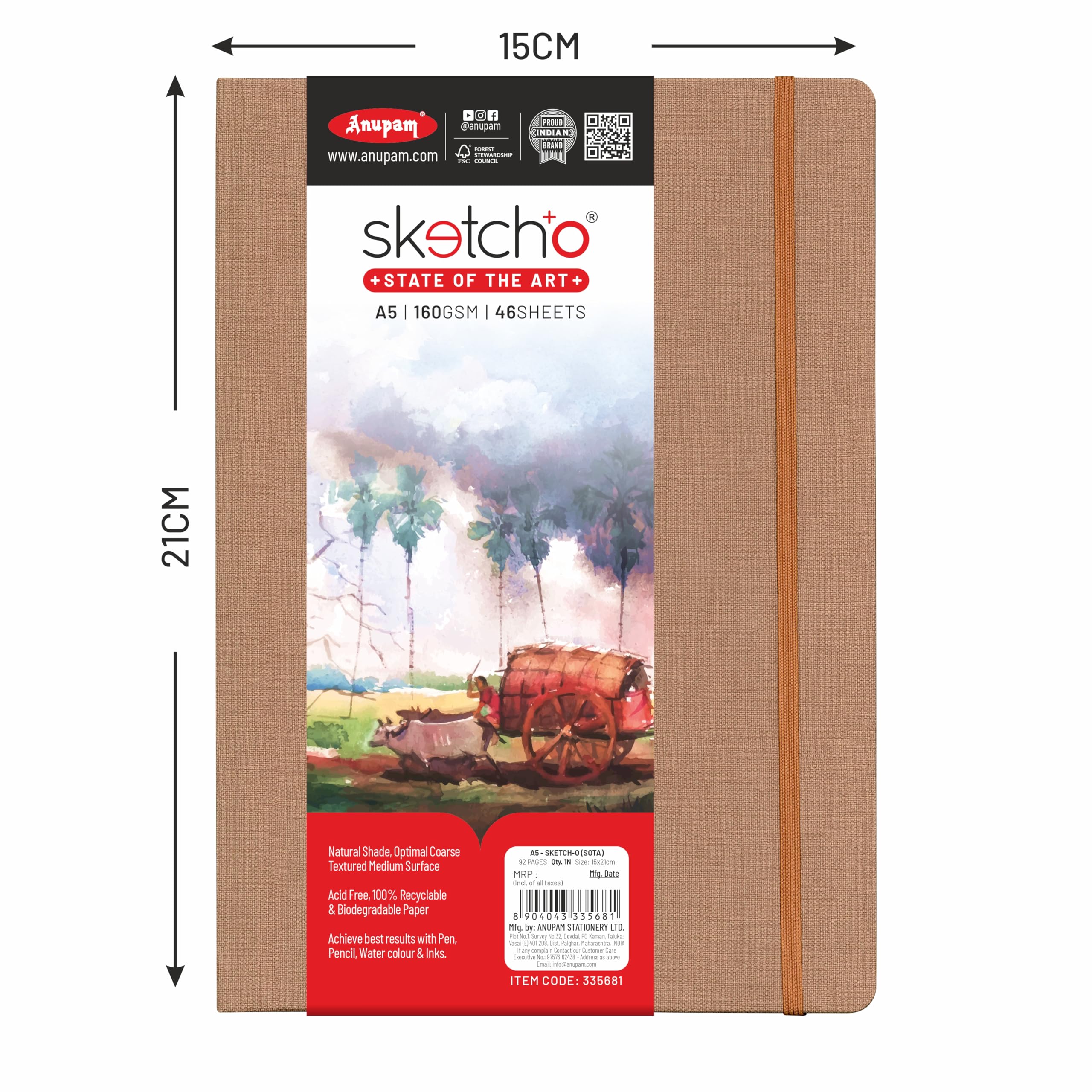 Sketcho Sota Zeichenbuch, A5, 100 % recycelt, gebundenes Buch, Hochformat, 160 g/m², säurefrei, 46 Blatt/92 Seiten, mehrfarbig
