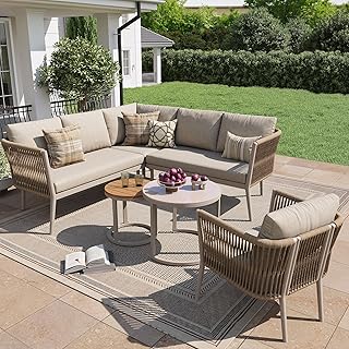 5-6 Sitzer Lounge Möbel Outdoor mit 2 Couchtisch, Modulare Garten Loungemöbel Set mit wasserfester Sitzbank und Kissenset, Gartenlounge Set, Outdoor Sofa für Terrasse, Garten und Balkon, Beige