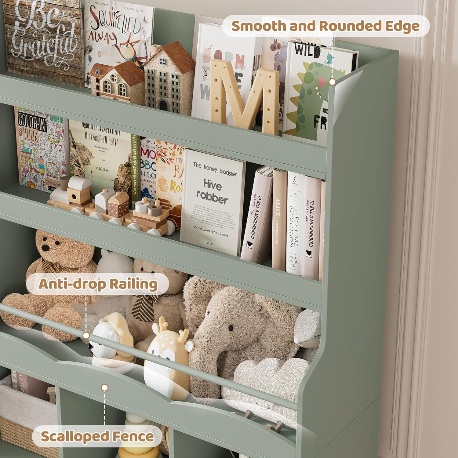 HITHOS 55.3" H Kids Bookshelf with Toy Storage Organizer, Tall Book Shelf with 3 Movable Toy Storage Bins, Large Kids Bookcase with Toy Chest, 39.2" W Modern Toys Box for Kid Room, Playroom, Green