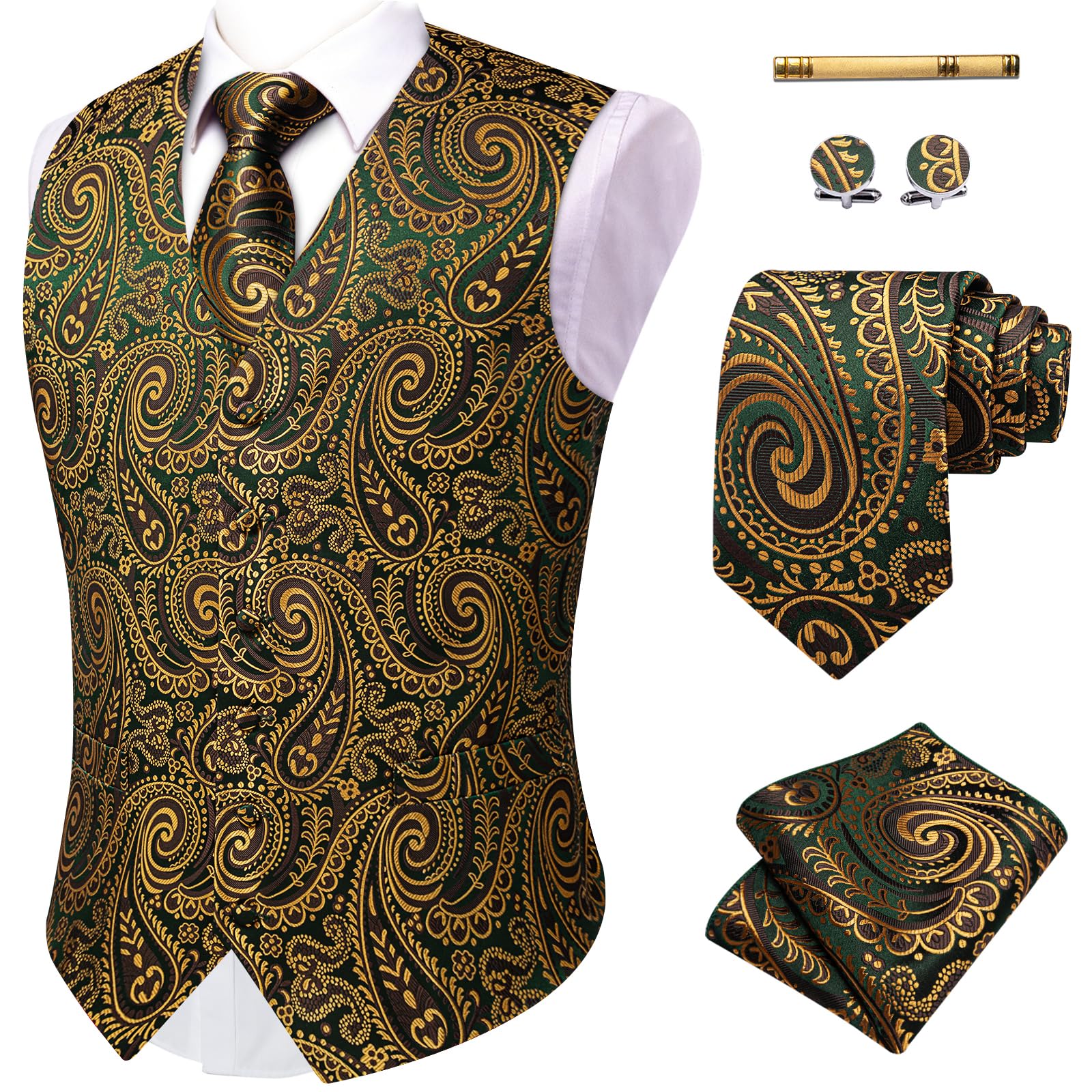 Photo 1 of YourTies Men's Green Gold Paisley Vest, Tie, and Pocket Square Set L