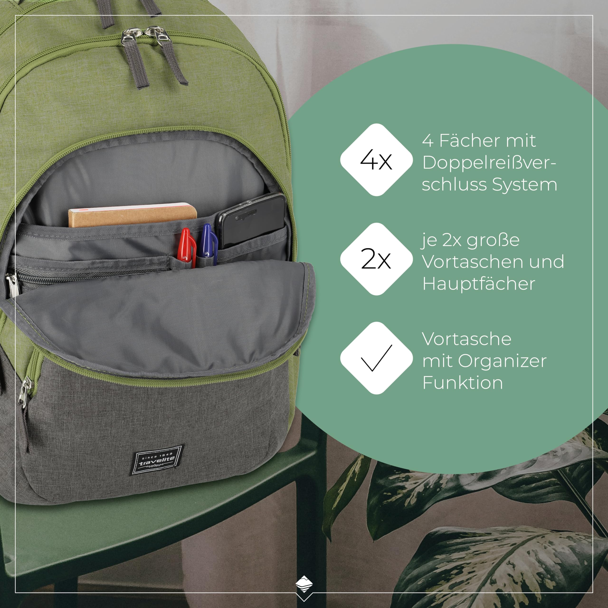 Travelite BASICS Plecak, Pojemność 22 L, Zielony/Szary