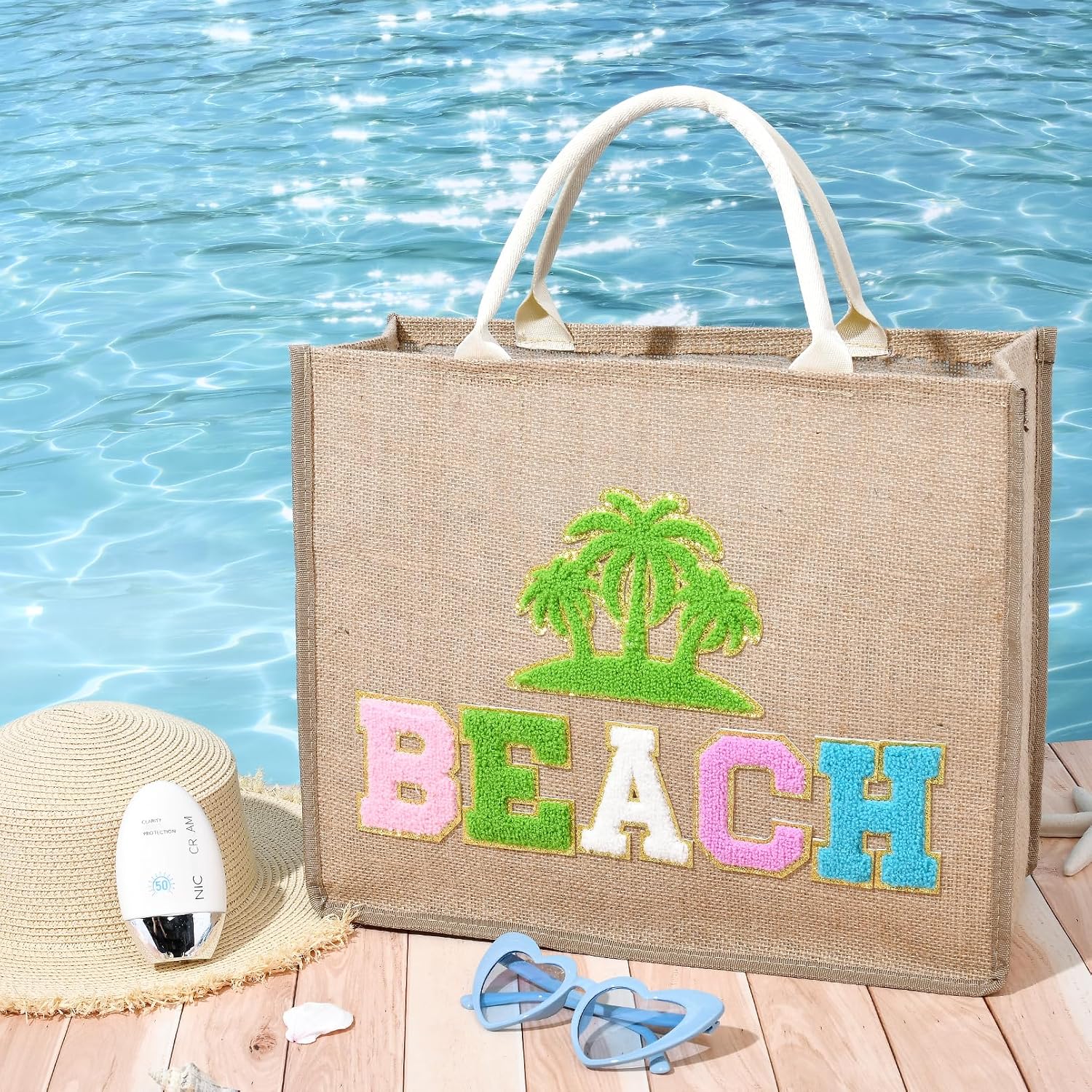 Beach Bag for Women Large Woven Straw Bag with Chenille Letter Patches and Water-resistant Lining, 20L Tote Handbag image 3