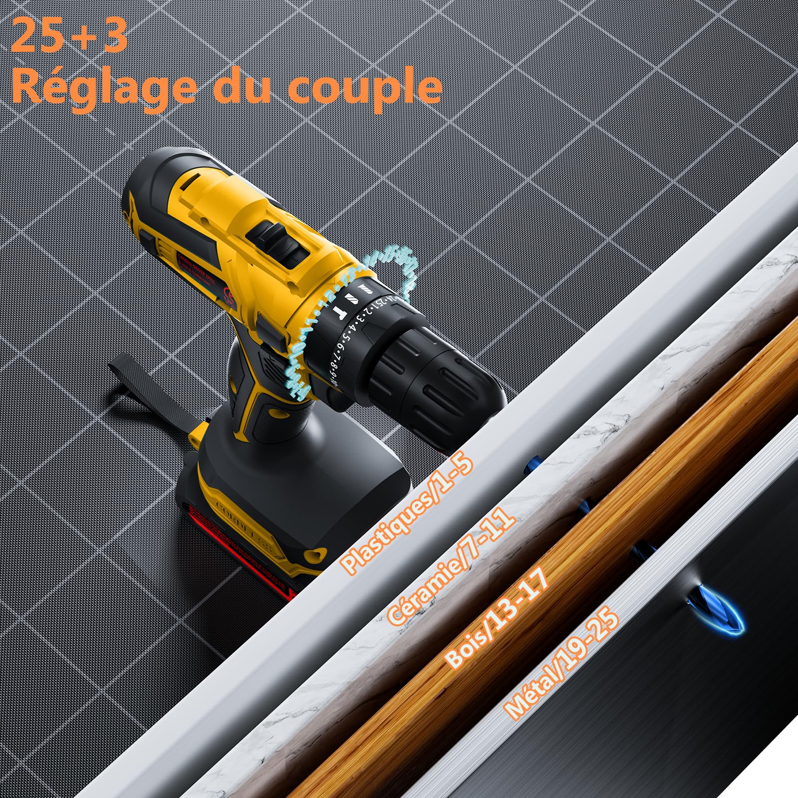 Perceuse Visseuse Sans Fil 21V Avec Batterie 4000mAh, 45Nm de couple max 25+3 positions de couple(2 vitesses & LED), 2 batteries 2,0Ah et chargeurpour la maison et le jardin projet DIY (Jaune)