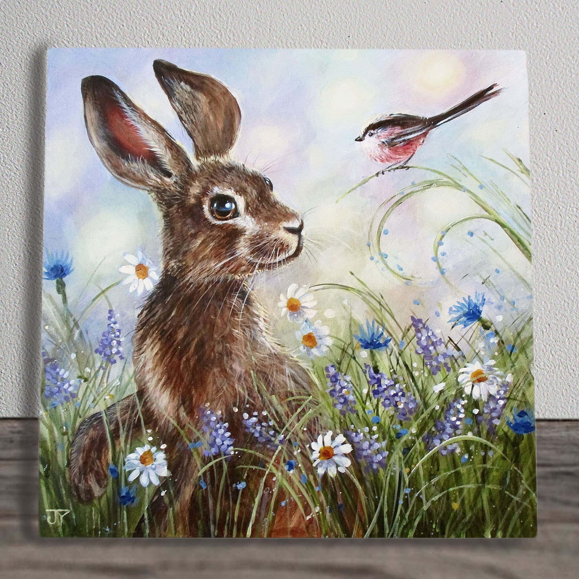 Blue, Green. Flower Meadow Hare Ceramic Picture Tile Artwork By Judith Yates Hanging Wall Art Home Décor