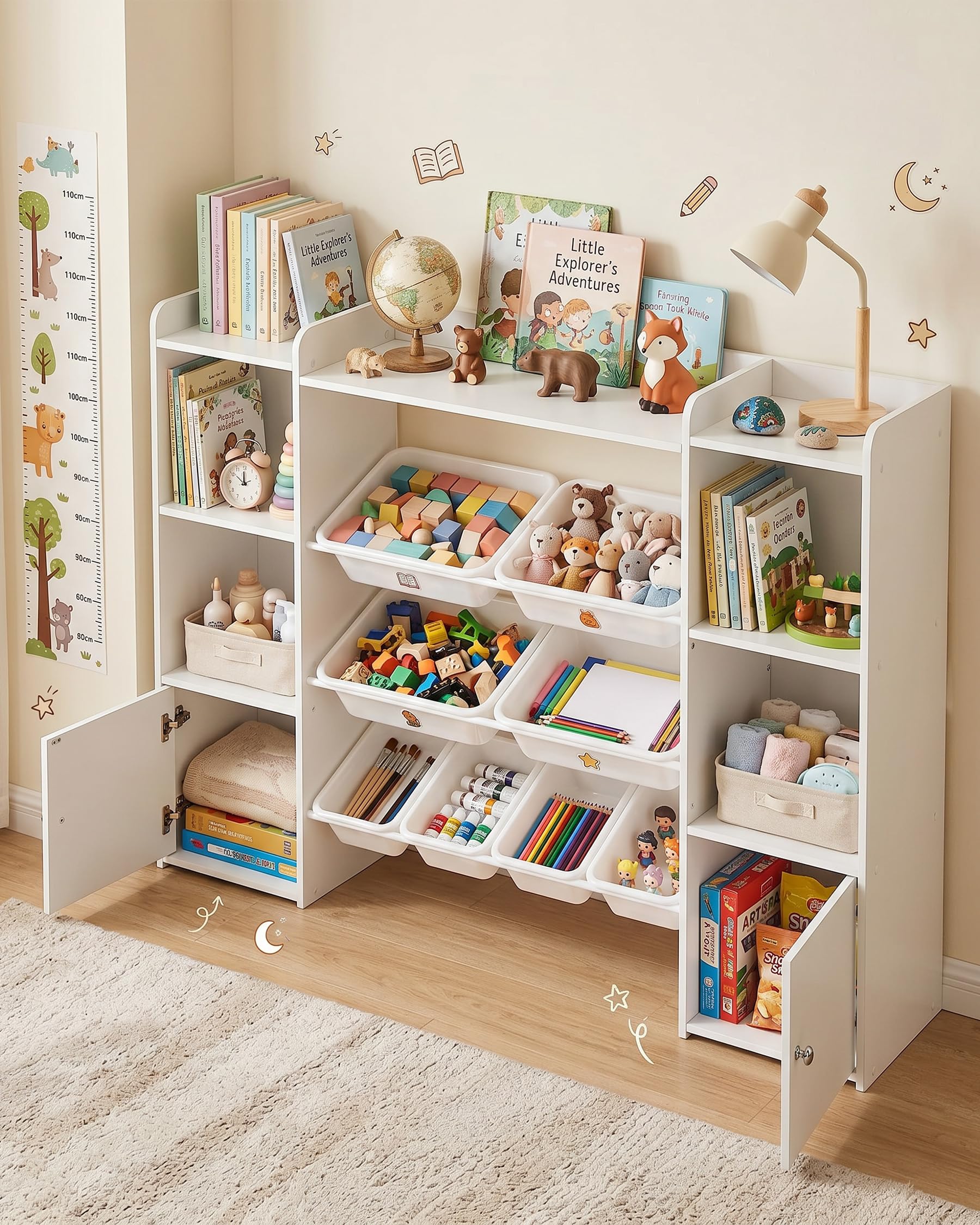 Libreria Infantil, Estanteria Infantil con Organizador de Juguetes, Libreria Montessori Infantil con 8 Cajas Extraíbles y 2 Puertas, para Habitacion Infantil y Cuarto de Juegos, Blanco