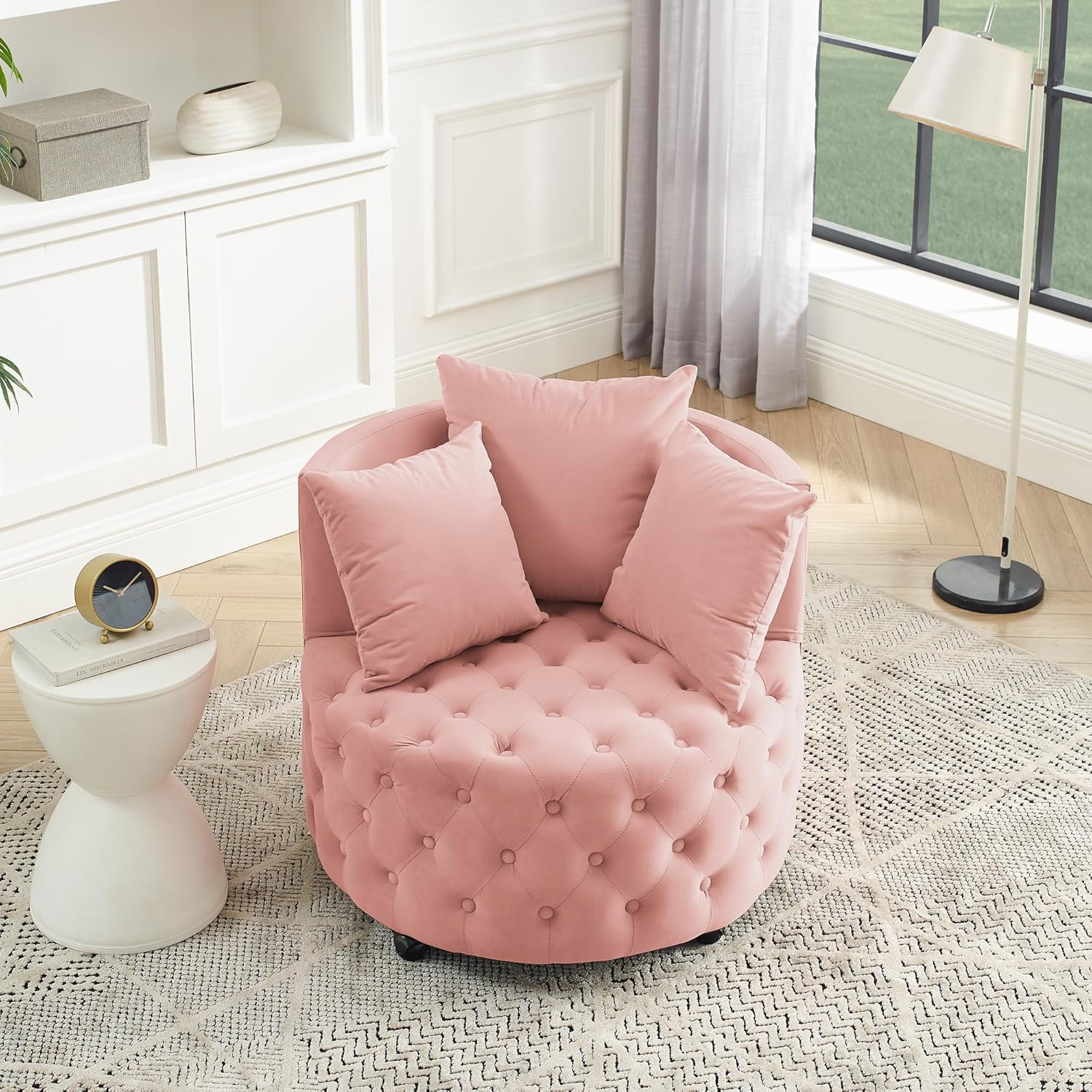 Velvet Swivel Accent Chair - with Button Tufted and Movable Wheels, 30''W Upholstered Button Tufted Velvet Barrel Chair with 3 Pillows, Modern Round Club Chair, Single Reading Sofa Chair (Pink)