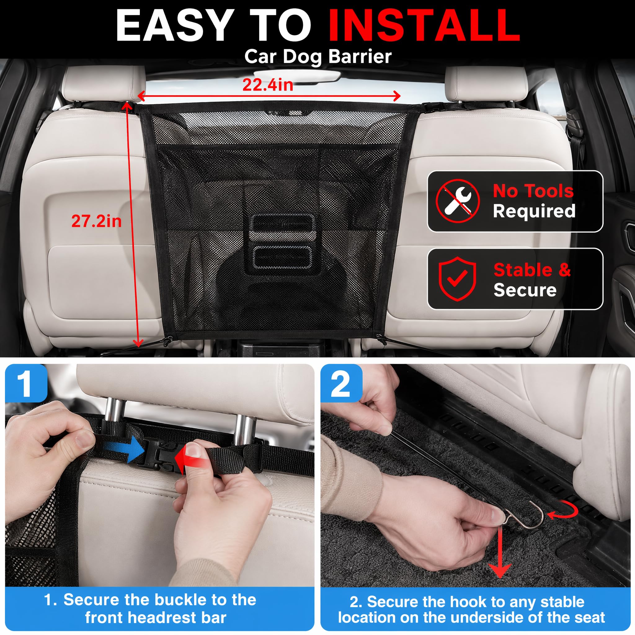 Barrière de voiture pour chien pour SUV, séparateur en maille robuste avec poche de rangement