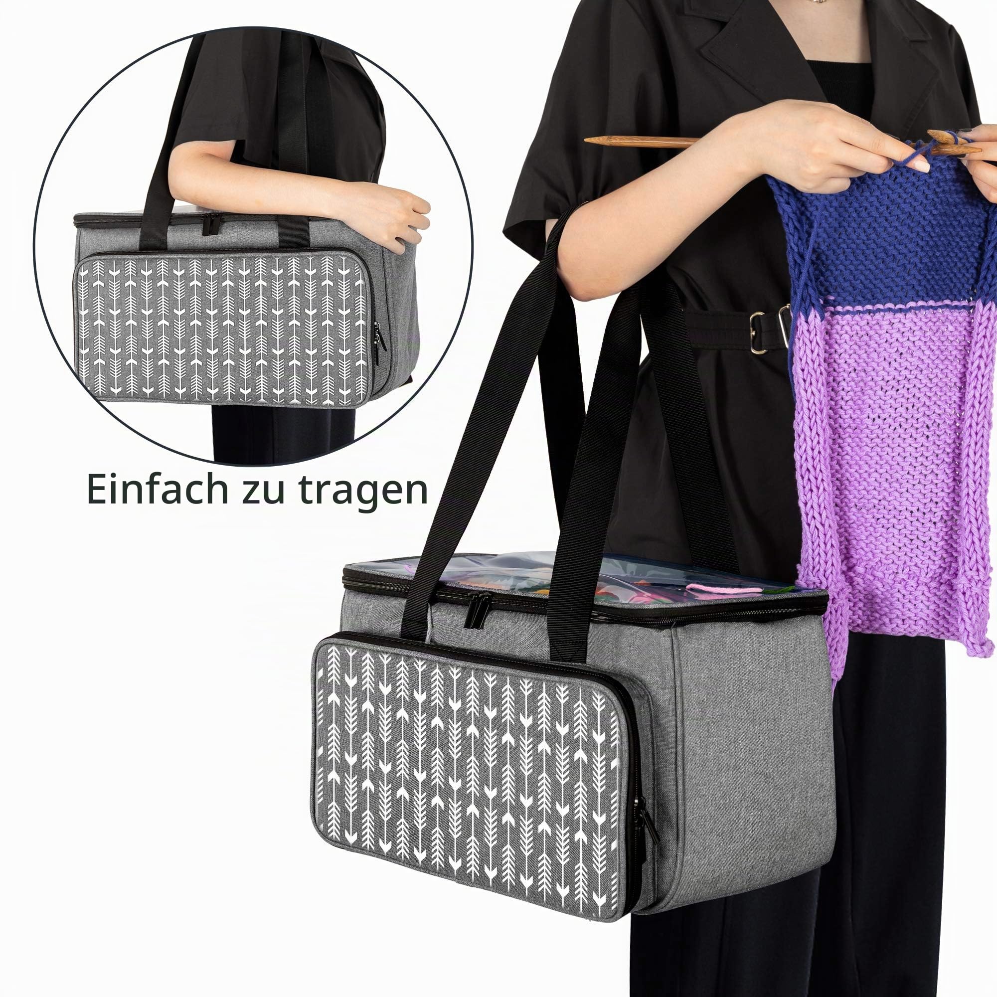 Yarwo Stricktasche für Wolle, Handarbeitstasche, Grau mit Pfeilmuster | Mit 2 Großen Fächern für Wolle, Transparenter Abdeckung, 4 Ösen und Frontfach mit Transparenten Taschen für Strickprojekte