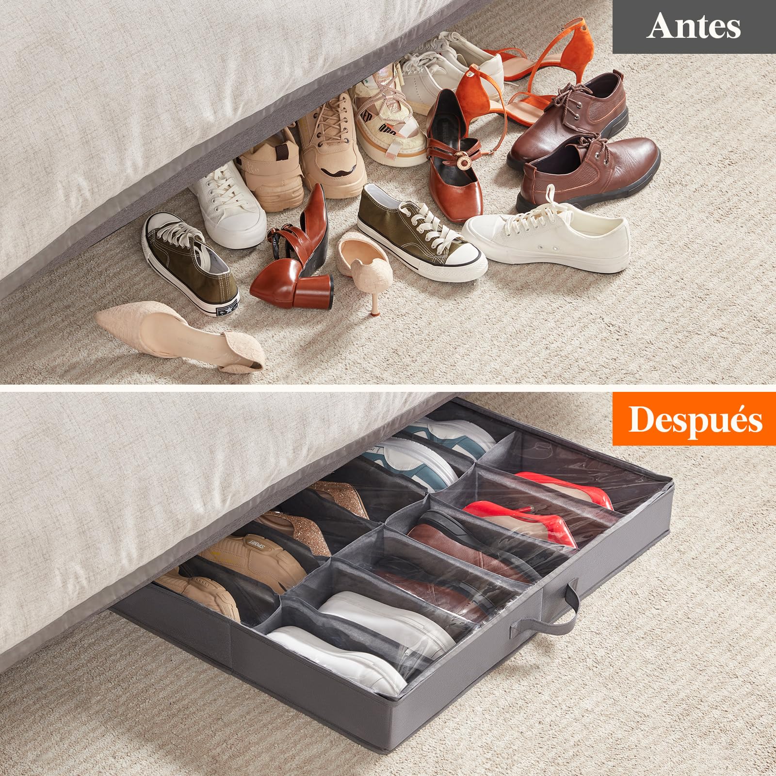 Lifewit Bolsas de Almacenamiento para Zapatos con Ventana Transparente, Cajas Almacenaje Zapatos Plegables Debajo de la Cama con Asas, Organizador Zapatos, Gris, 2 x 12 Pares