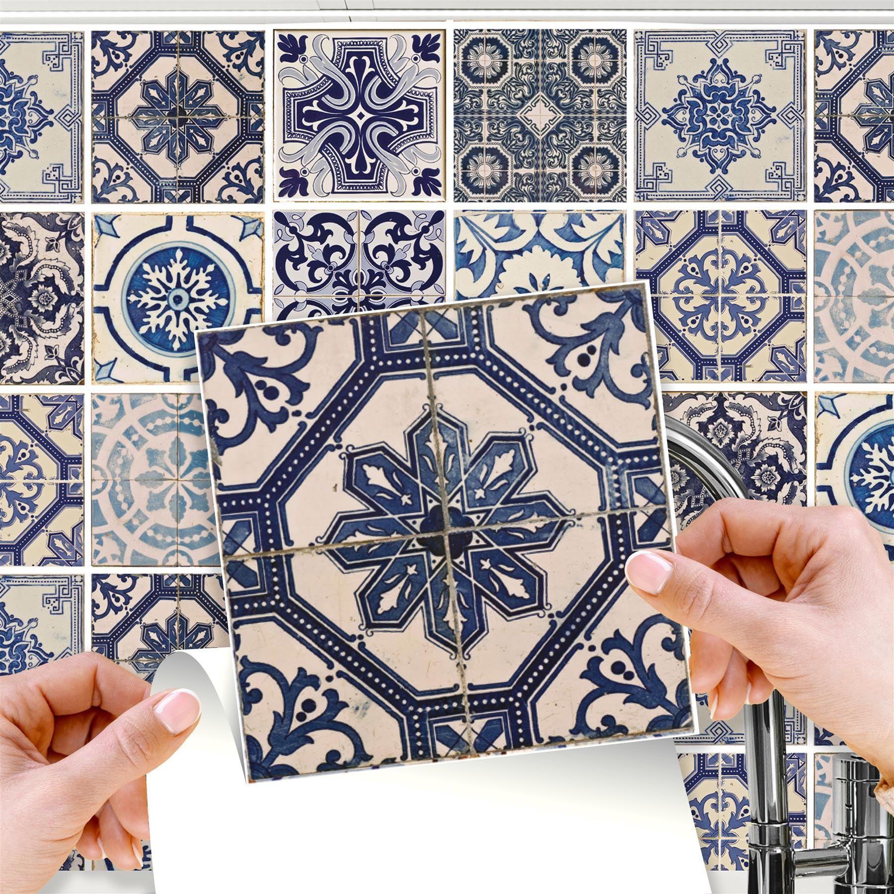 Walplus Malaga Spanish Blue 120 Pcs 15Cm (6") Tile Stickers Peel And Stick Self-Adhesive Vinyl Wall Tiles For Kitchen Bathroom Bedroom Backsplash Diy Home Décor