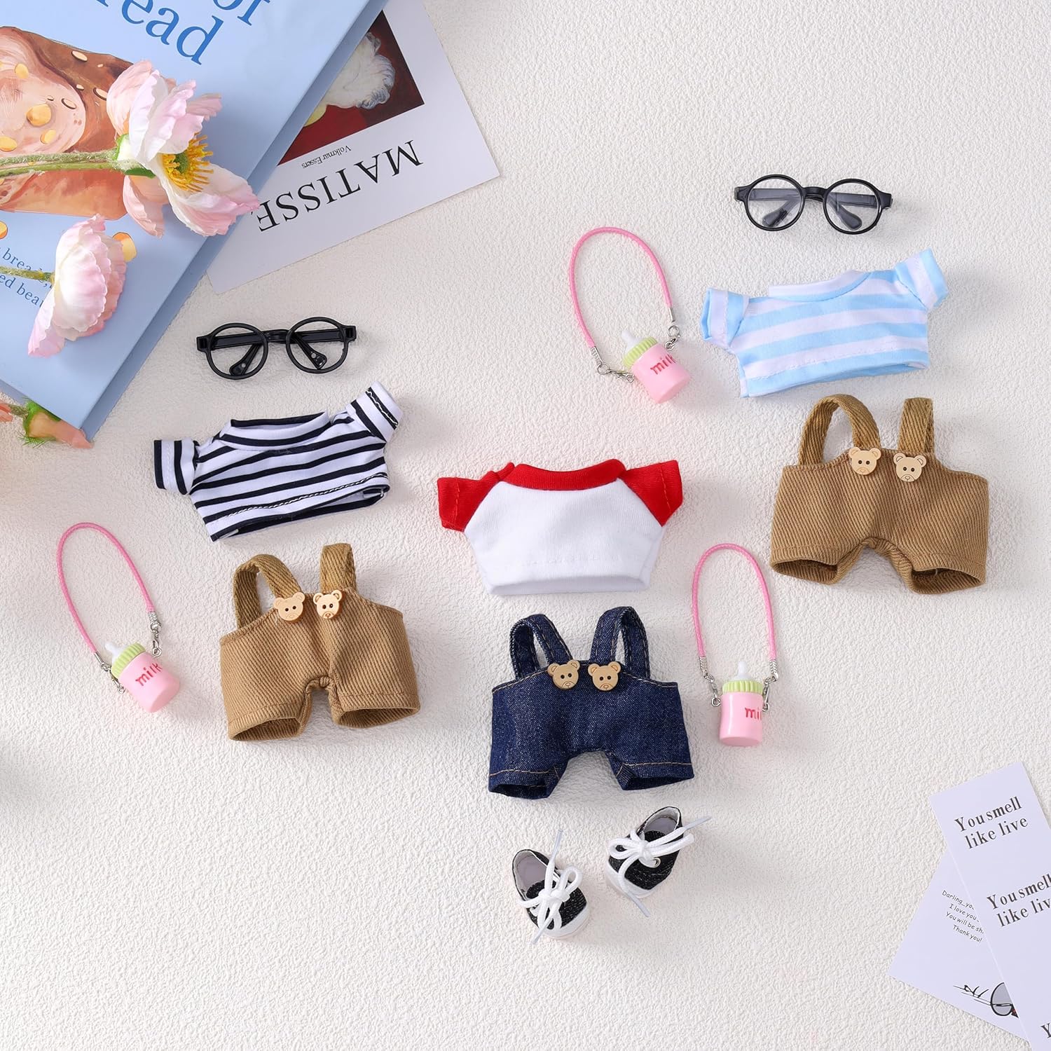 Doll Clothes & Outfit Set for Labubu Miniature 10cm Dolls, 5-Piece, Red Overalls | Kawaii Doll Accessories | Cute