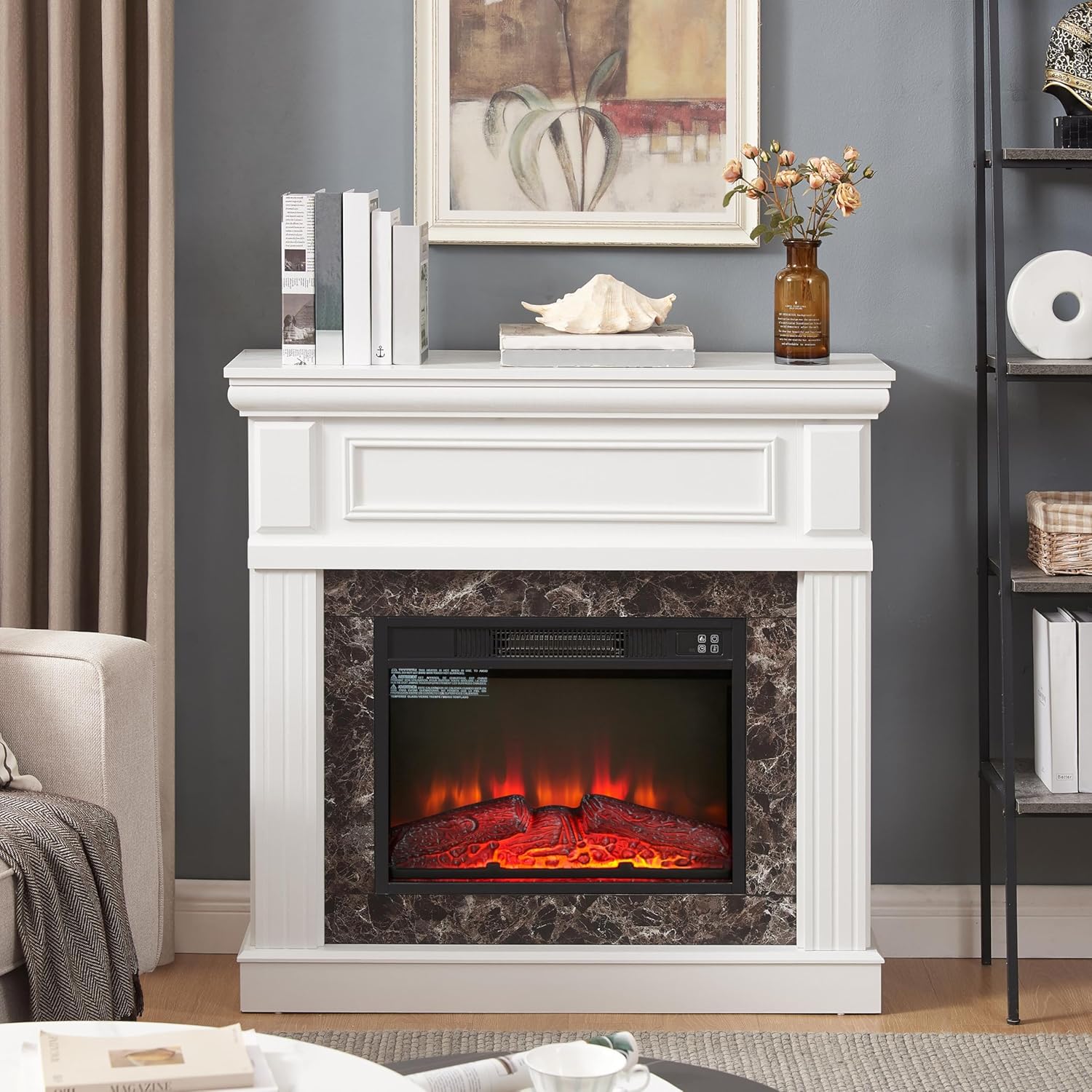 41" Electric Fireplace with Mantel, Home Freestanding Electric Fireplace Heater with 23" Fireplace Insert, 3D Analog Flame & Realistic Stacked Stone, Fire Place TV Stand for Living Room, White