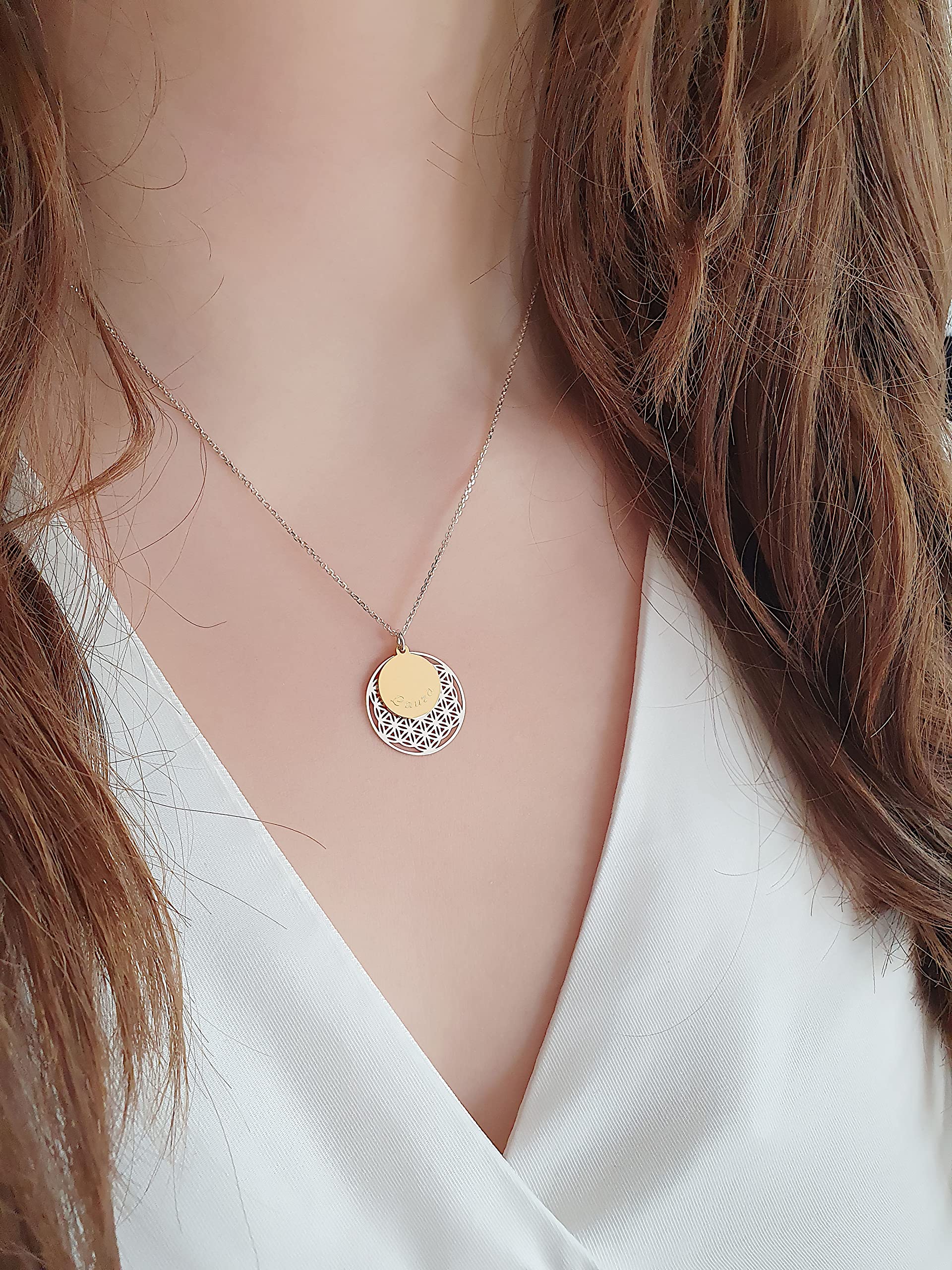 Lebensblume Halskette bicolor mit Gravur - 925 Silber teils vergoldet - personalisierbar