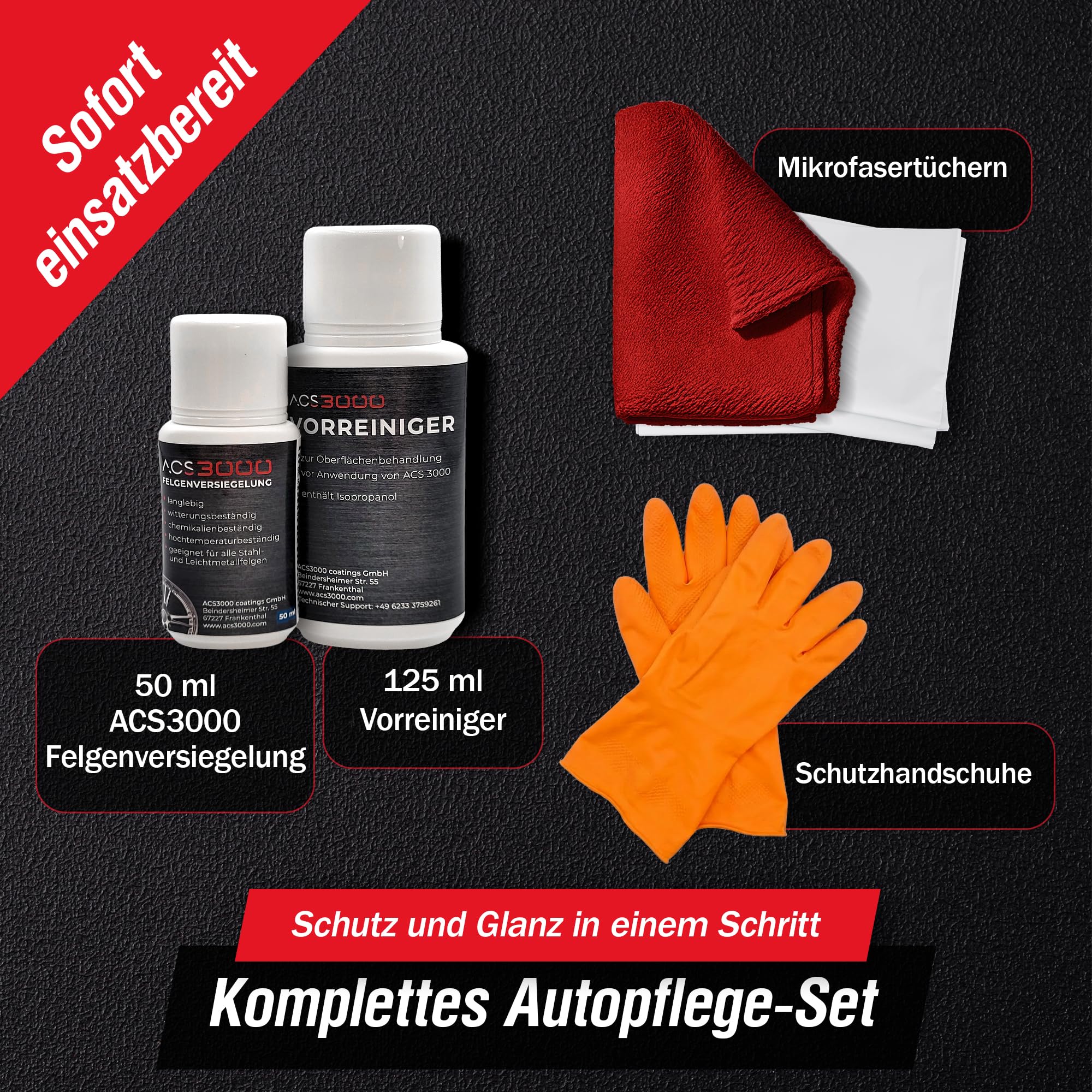 ACS3000 Felgenversiegelung Set. 5 Jahre Hochglanz und Schutz vor Salz, Bremsstaub und Verschmutzung bis +850°C bei einmaliger Anwendung. Set mit Vorreiniger, Handschuhen, Tüchern und Felgenversiegelung (50 ml)